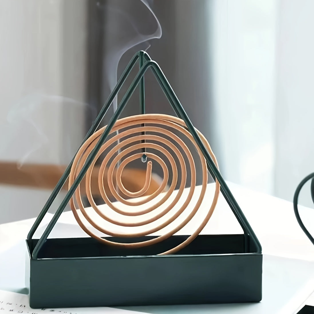 Black Metal Mosquito Coil Holder with Triangular Design and Wooden Spiral Insert