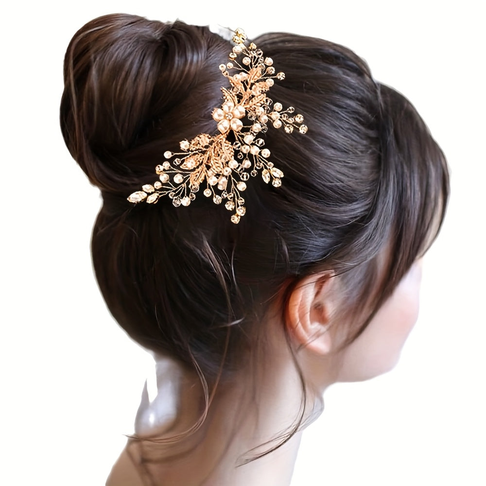 Bridal Hair Comb Beaded Rhinestones Floral Wedding Accessory Y2K Style