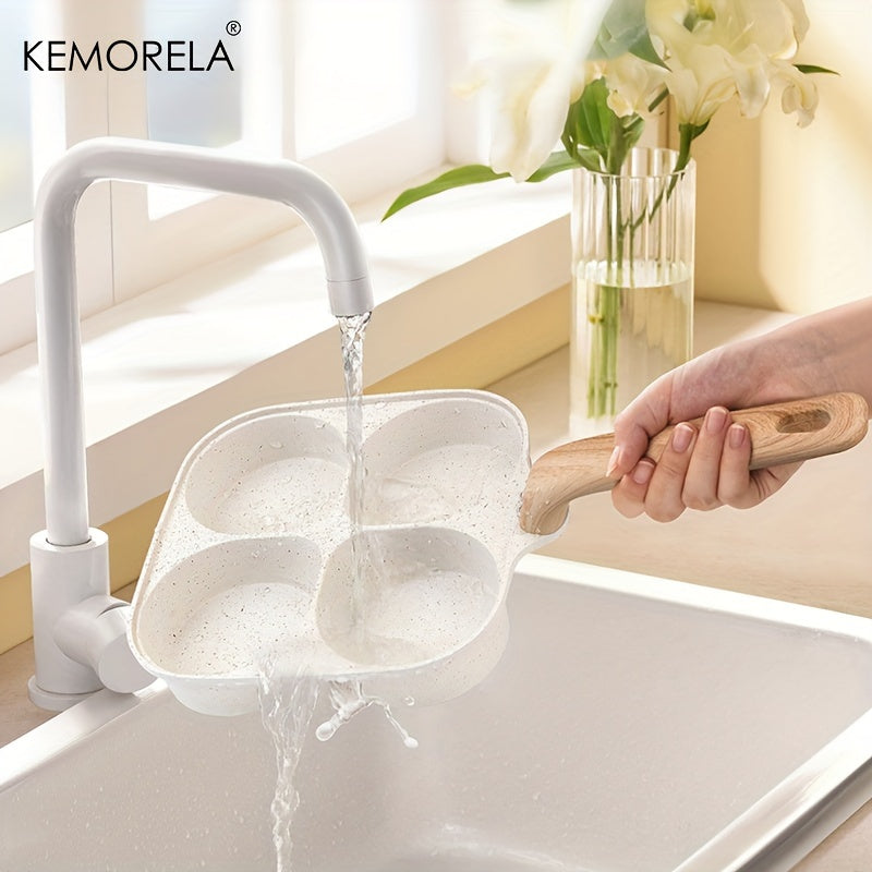 Sartén antiadherente de 4 secciones, apta para lavavajillas, con mango de madera para huevos y hamburguesas