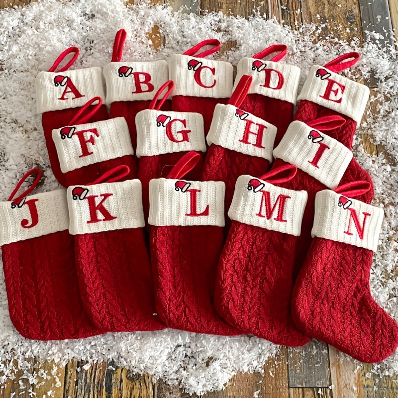 11 Inch Christmas Stocking with Knitted Alphabet Design for Hanging or Gift Bag Polyester