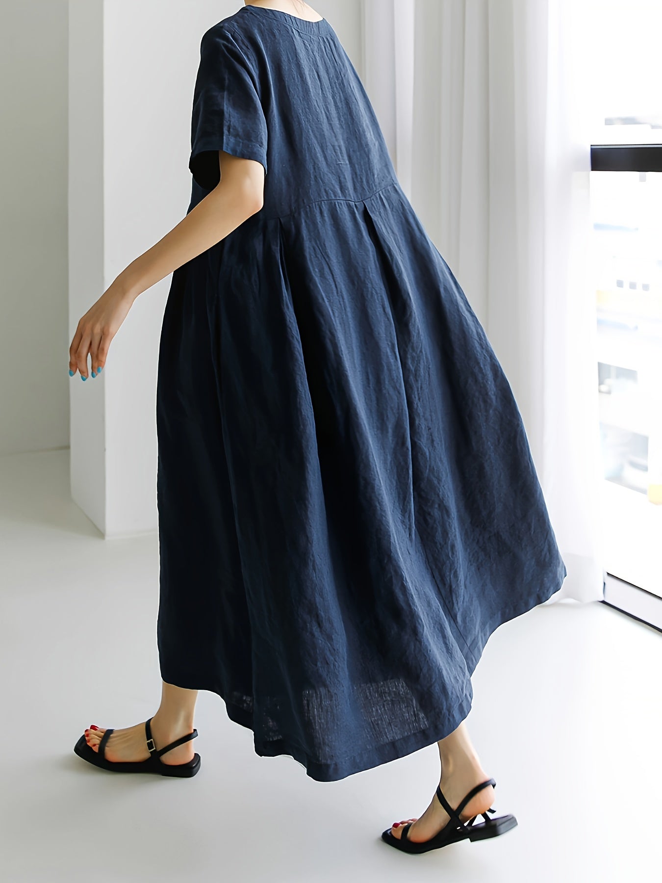 Women's Linen Blend Midi Dress with Oversized Flowy Skirt Short Sleeve Spring Summer