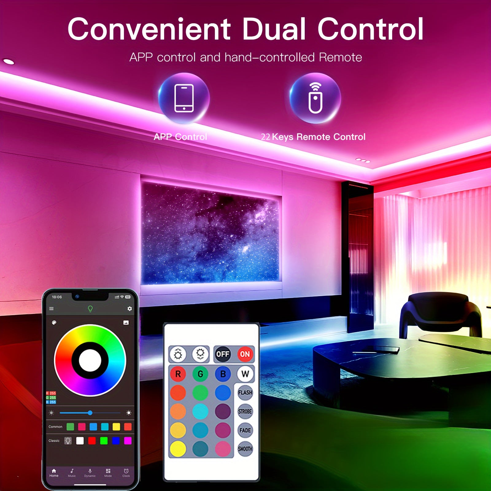 91.44cm RGB LED chiroq chiziqlari bilan masofadan boshqarish ilovasi bilan sozlanadigan yorqinlik uchun yotoqxona va mehmonxona uchun