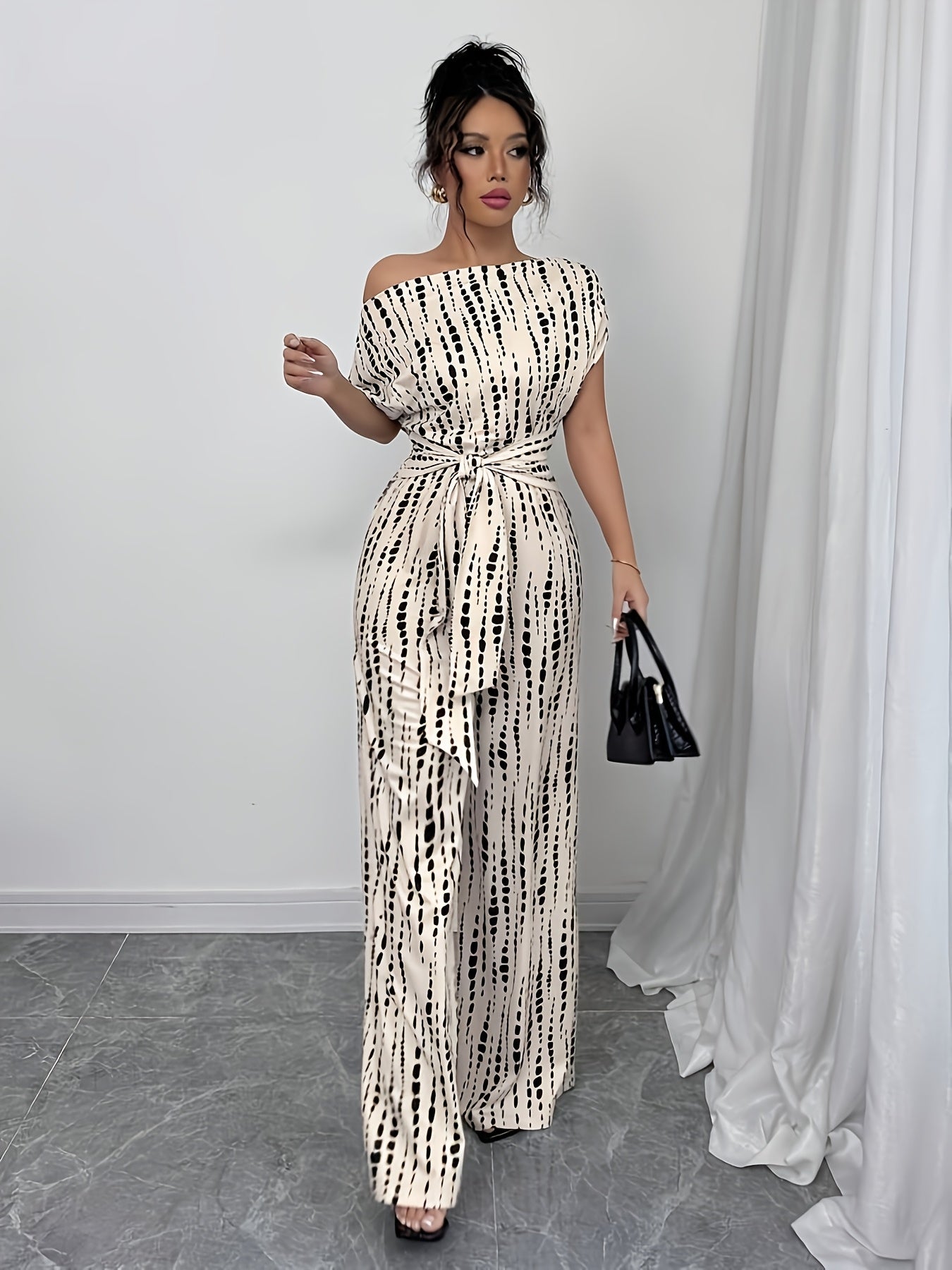 Plus Size Women's Bohemian Snake Print Jumpsuit Asymmetric One-Shoulder Batwing Sleeves