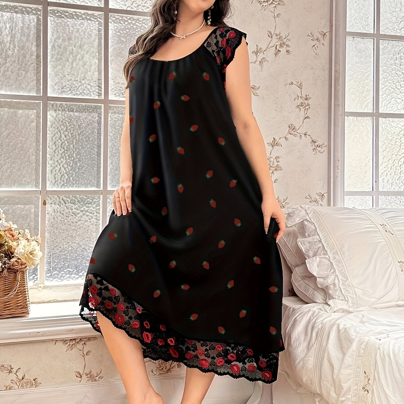 Plus-Size Black Floral Nightgown with Lace Detailing Short Sleeves Crew Neck Sleepwear