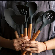 Set of 7 Silicone Kitchen Utensils with Wooden Handles Non-Stick Heat Resistant Cooking Tools