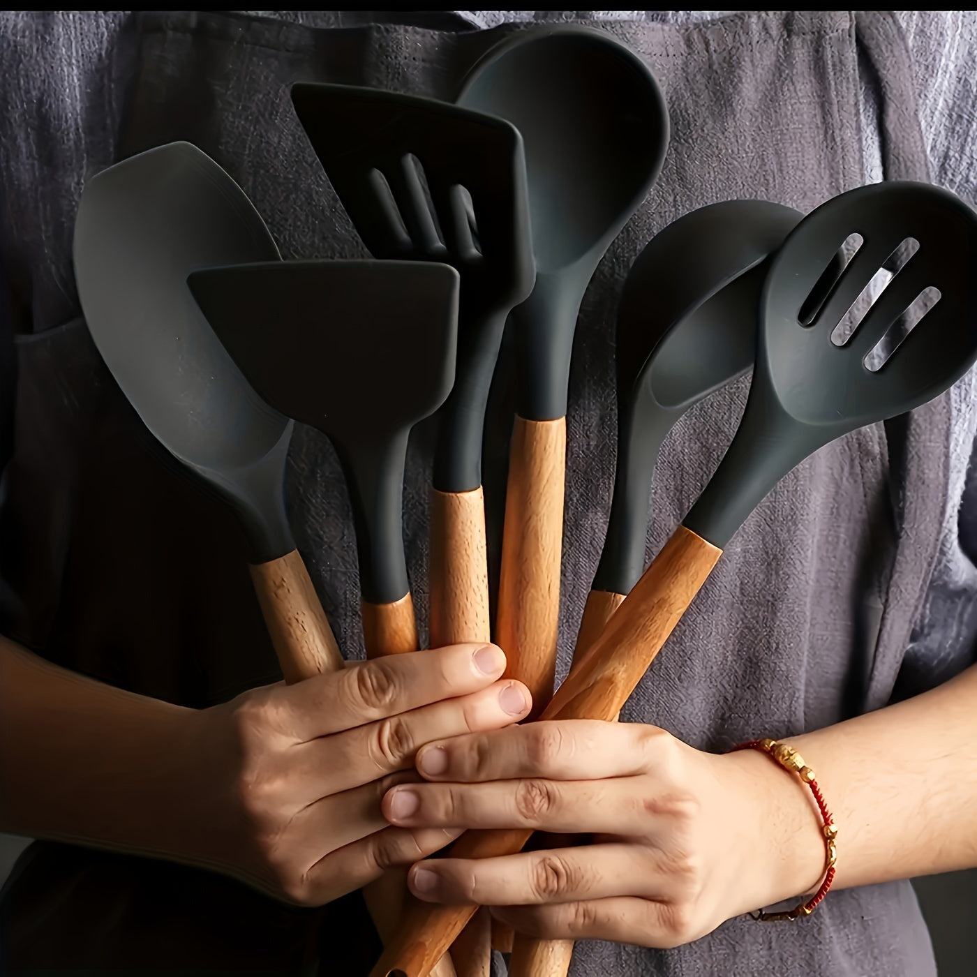 Set of 7 Silicone Kitchen Utensils with Wooden Handles Non-Stick Heat Resistant Cooking Tools