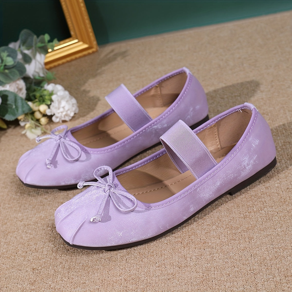 Женские балетные туфли с бантом, квадратный нос, синтетическая обивка, легкие туфли-слипоны