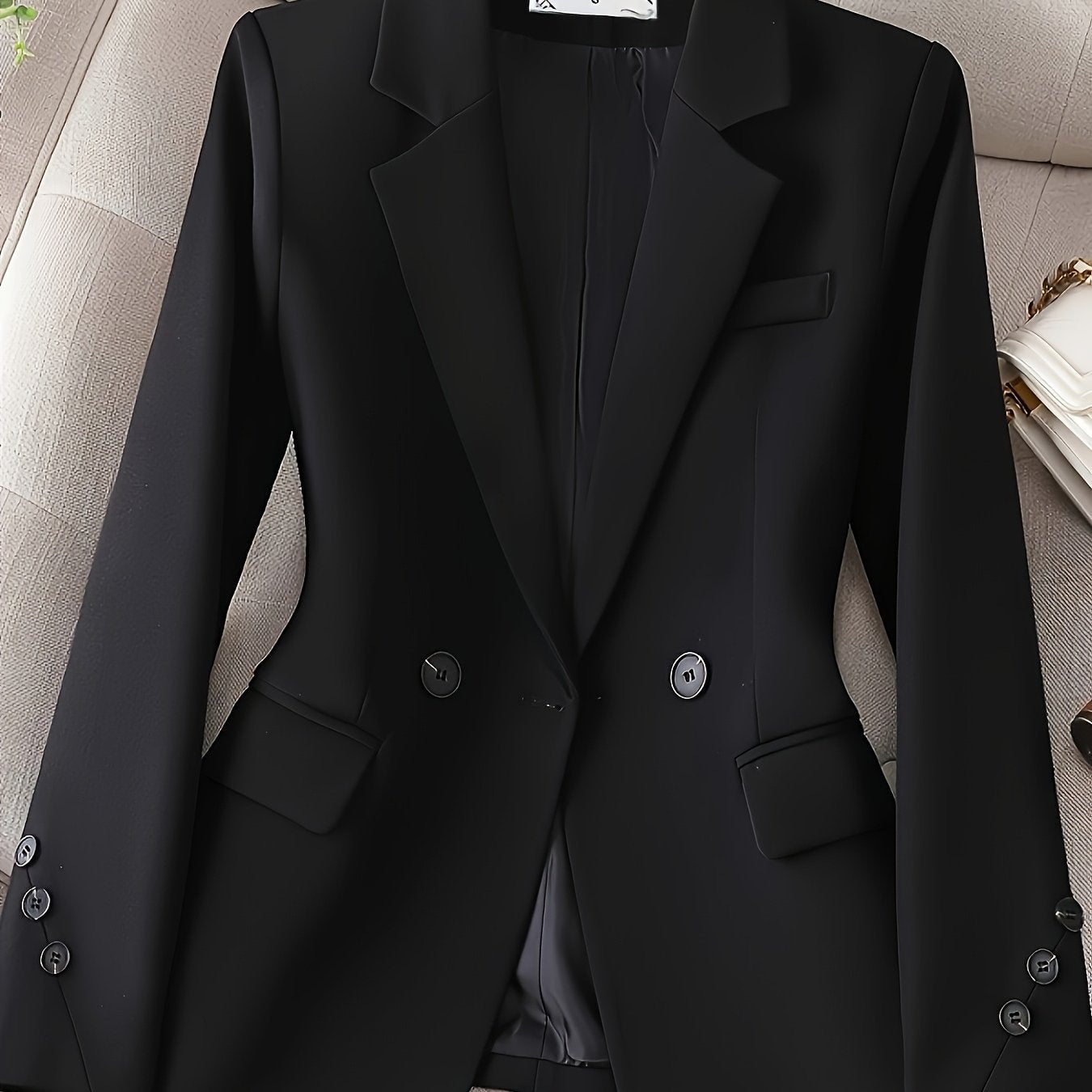 Women's Black Double-Breasted Blazer Long Sleeve Formal Suit
