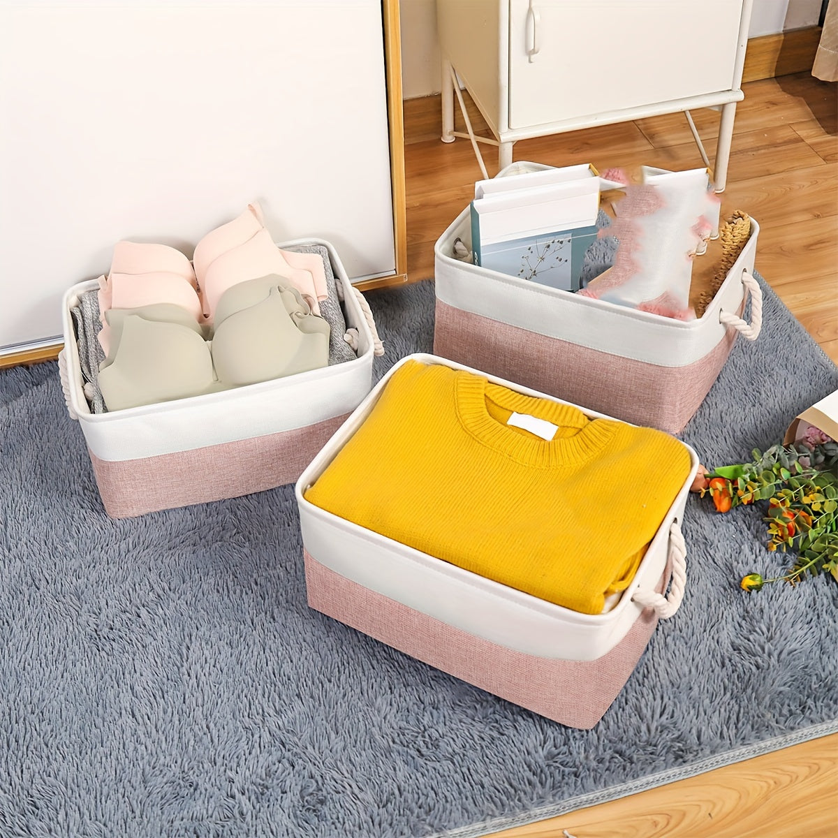 Cesta de almacenamiento plegable para el hogar con asa para estantes y armarios, multiusos