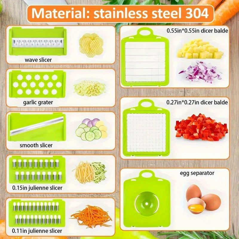 Juego de 16 piezas de cortador de verduras manual con cuchillas ajustables y cesta grande