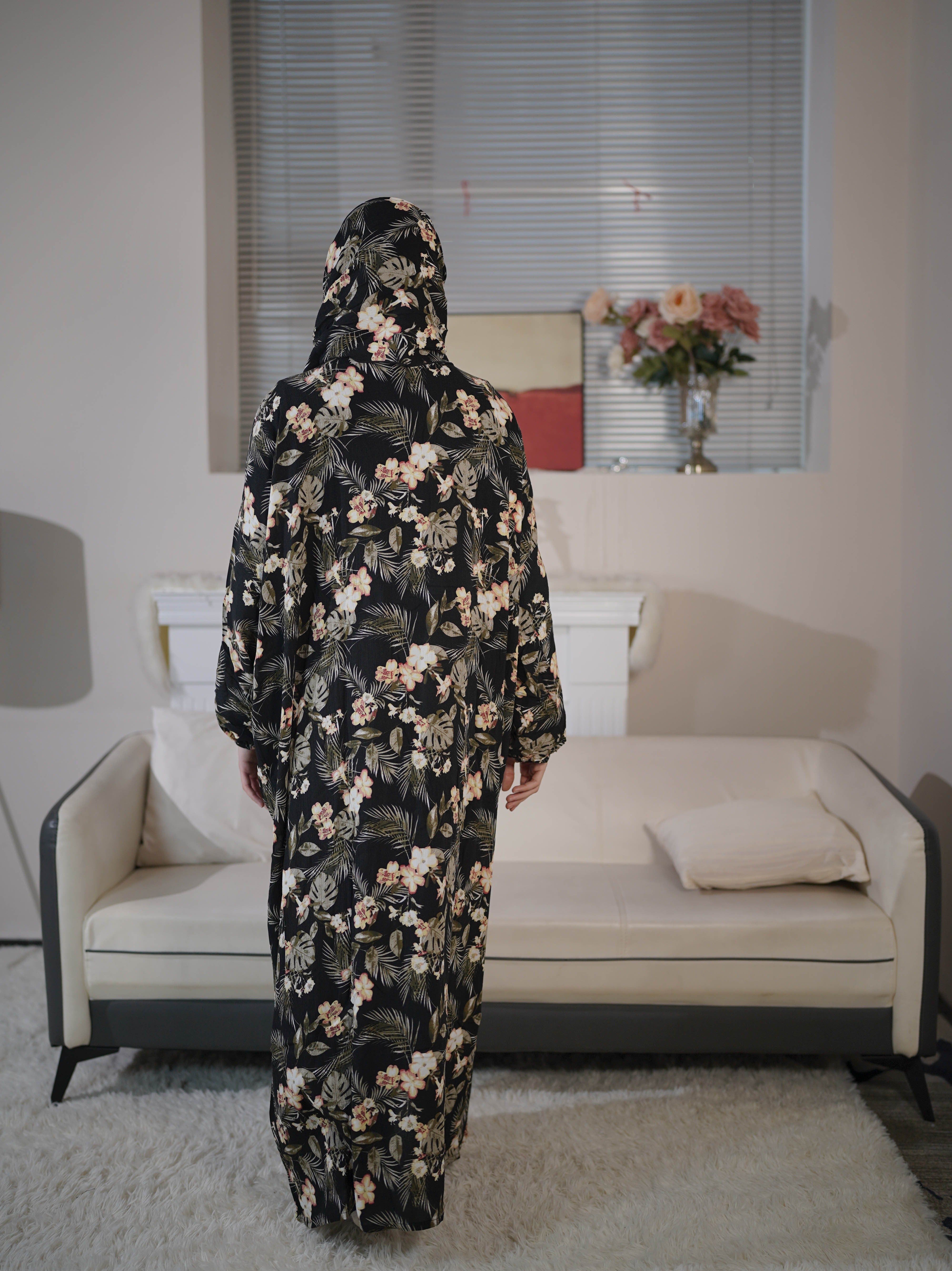 Women Rayon Floral Print Hijab Dress with Scarf Integration