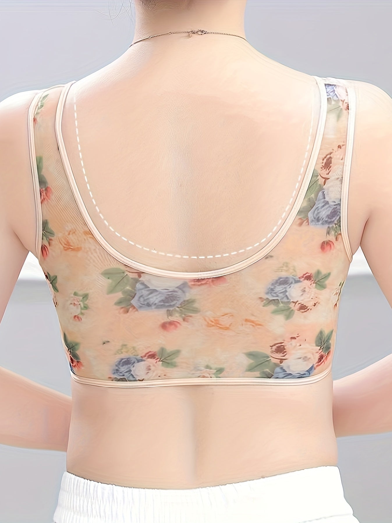 Gul naqshli simsiz bralet, shaffof to'rali orqa va retro atirgul dizayni bilan. Qoplamasiz, to'liq qoplama, ko'tarish va qo'llab-quvvatlash bilan. Mashinada yuvish mumkin, yumshoq naylon aralashmasi. Silliq tasvirga ega tasodifiy ichki kiyim.