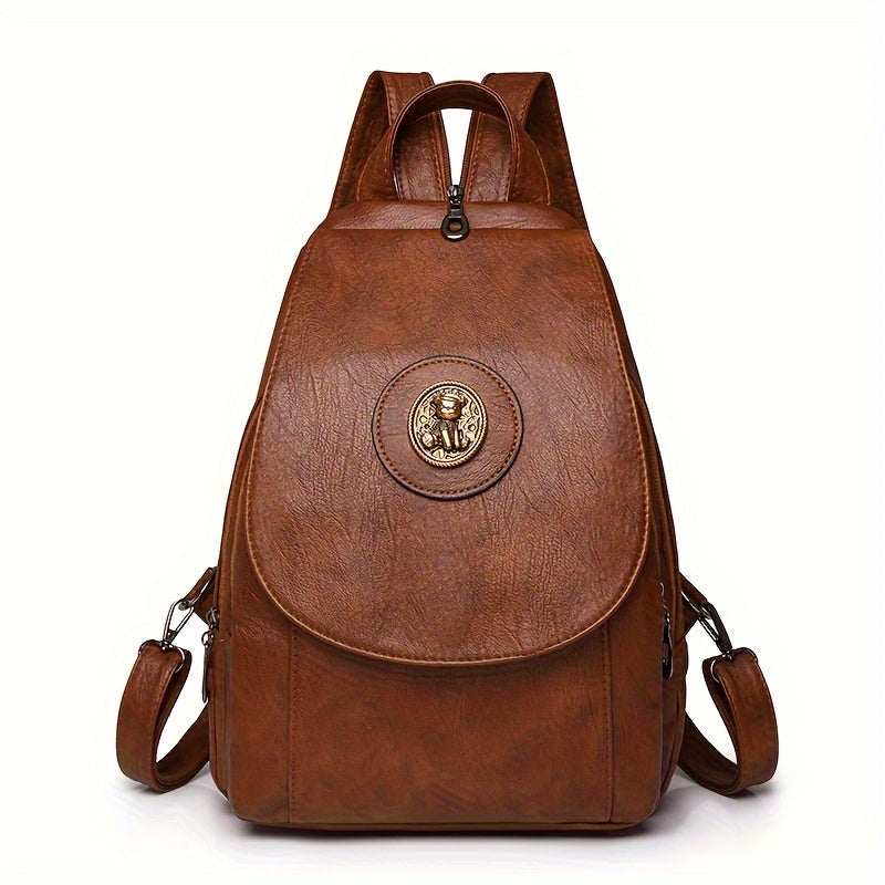 Women's Faux Leather Backpack Retro Denim Style Adjustable Straps Multiple Compartments Black Beige Brown