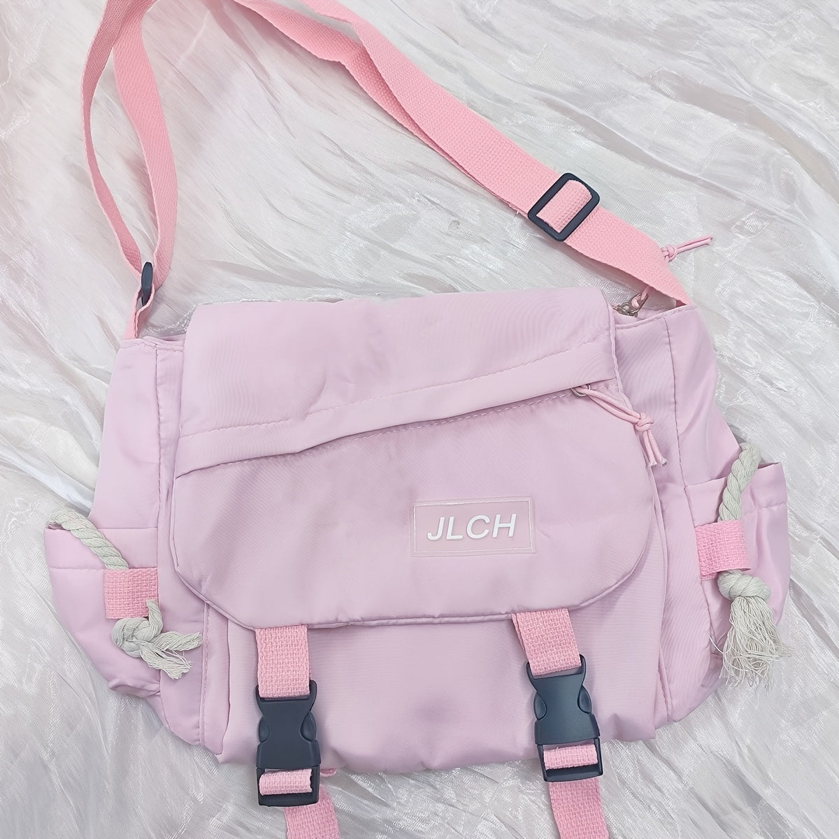 Unisex Canvas Shoulder Bag with Adjustable Strap for School Travel and Daily Use in White Pink Blue Black