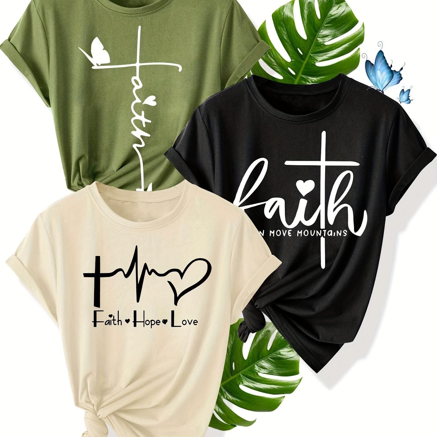 Pack de 3 camisetas gráficas de fe para mujer de manga corta con cruz y corazón para verano casual