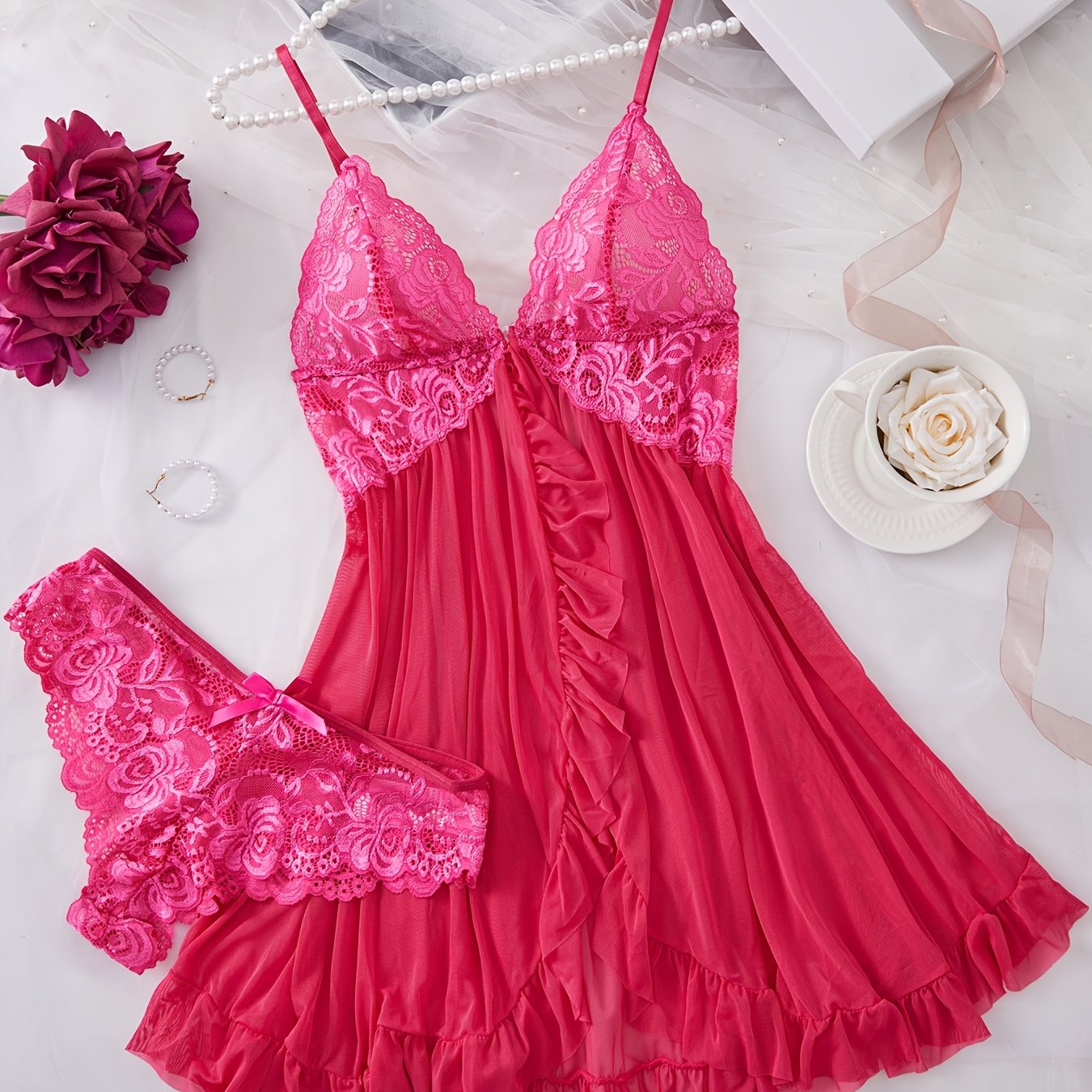 Lingerie Set Lace Spliced Chemise with Ruffle Detail Polyamide Elastane Mid-Rise Briefs