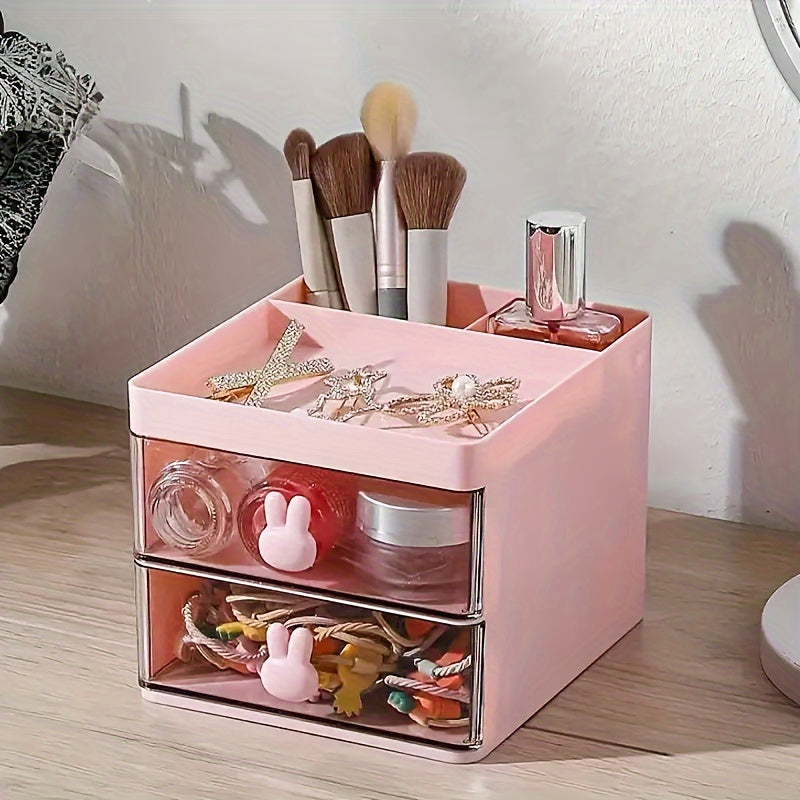 Прозрачная коробка для хранения с ручкой в виде кролика, идеально подходит для организации офисных принадлежностей, косметики и ювелирных изделий.