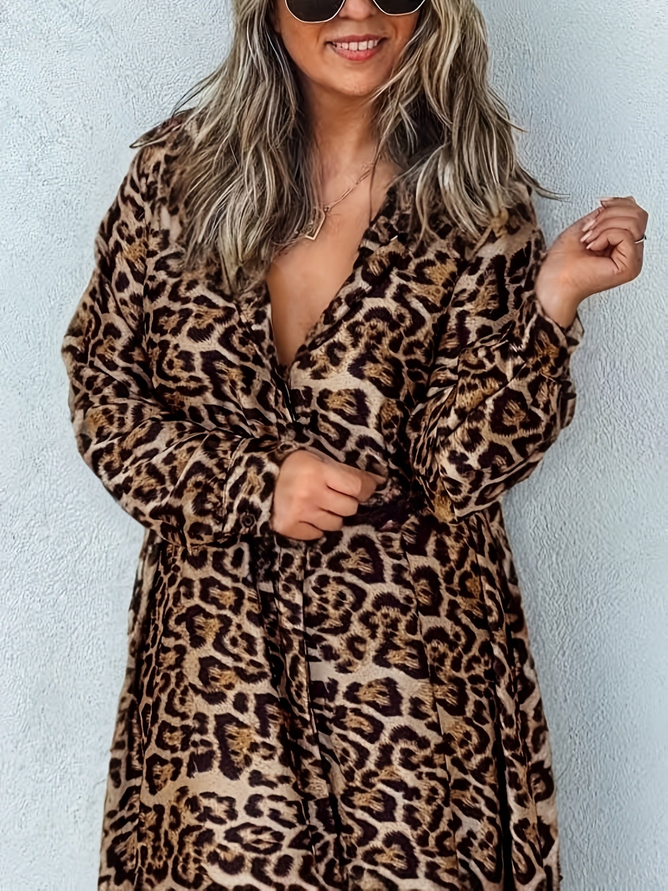 Платье с леопардовым принтом большого размера с V-образным вырезом и поясом, легкий полиэстер для весны, лета и осени