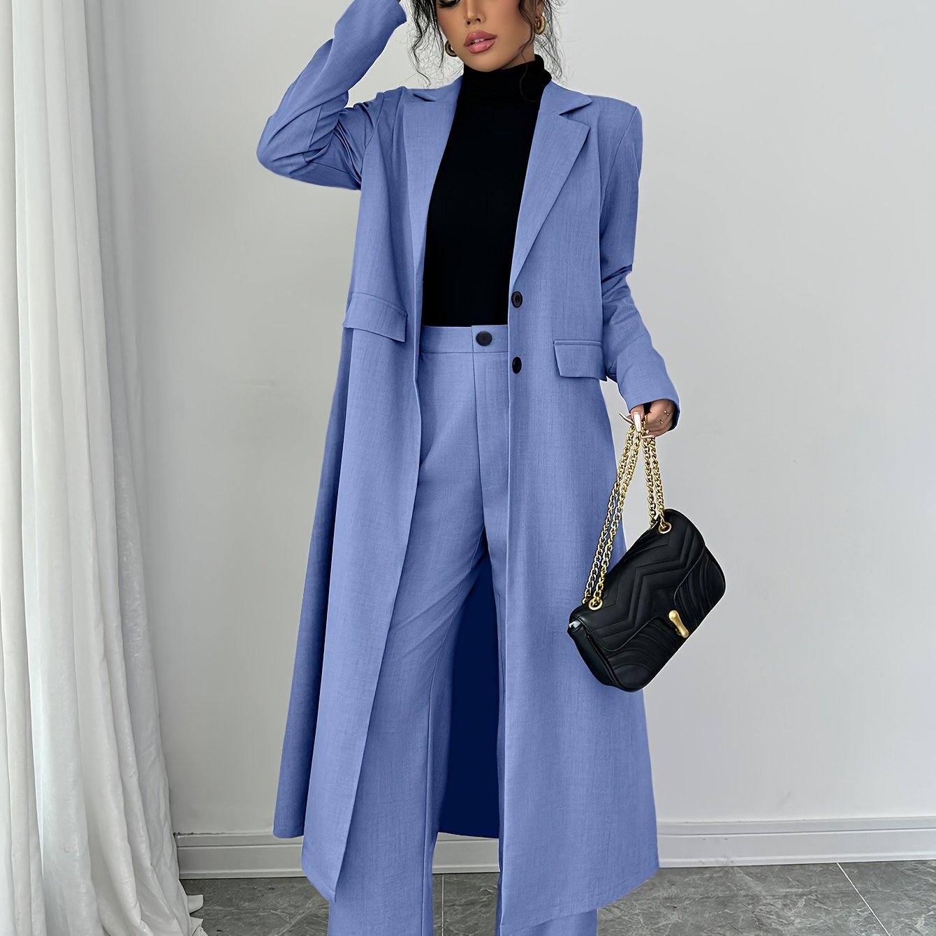 Conjunto de traje de poliéster para mujer con blazer largo y pantalones rectos para primavera y otoño