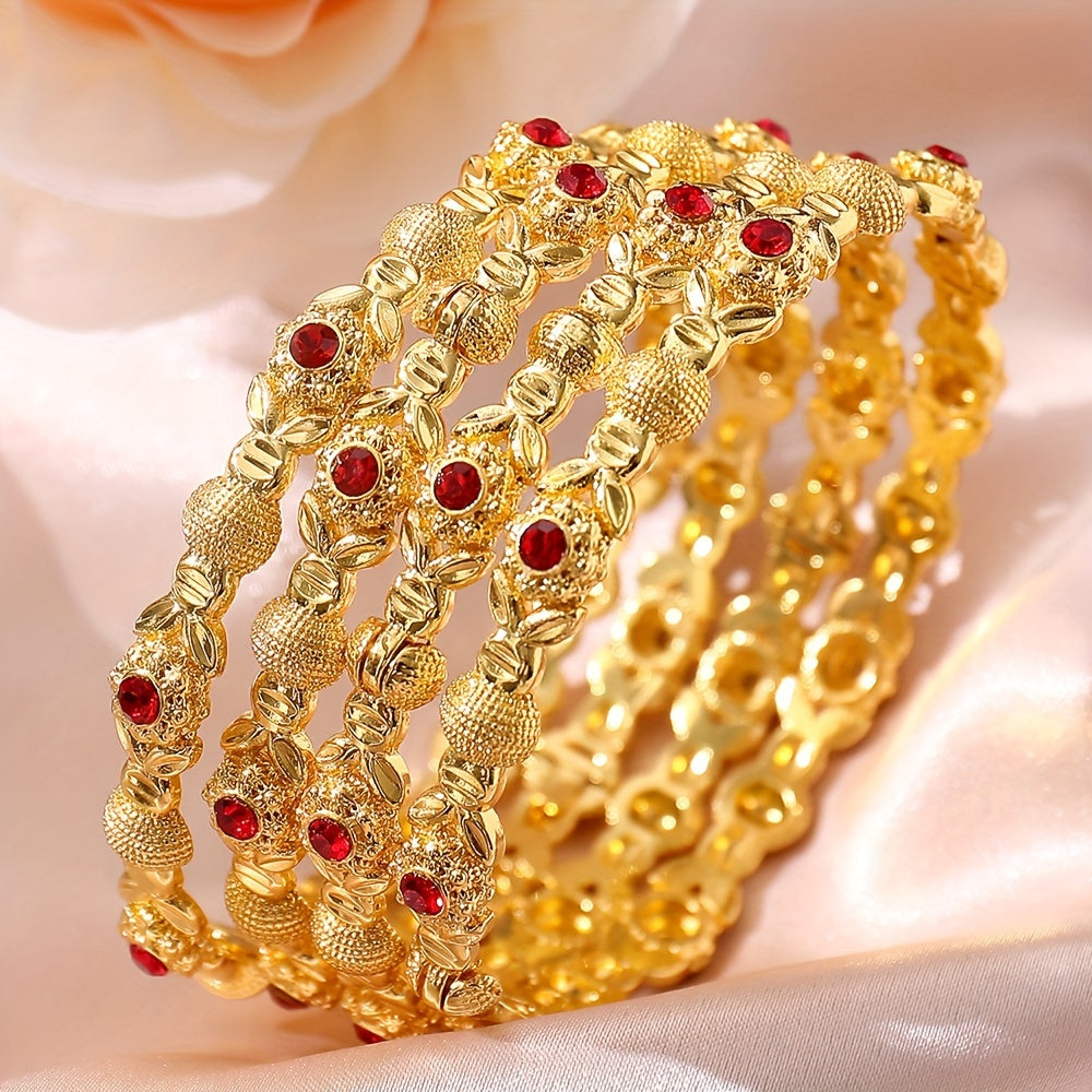 Gold-Tone Cuff Bracelet Set for Women with Red Crystals Open Design Elegant Jewelry