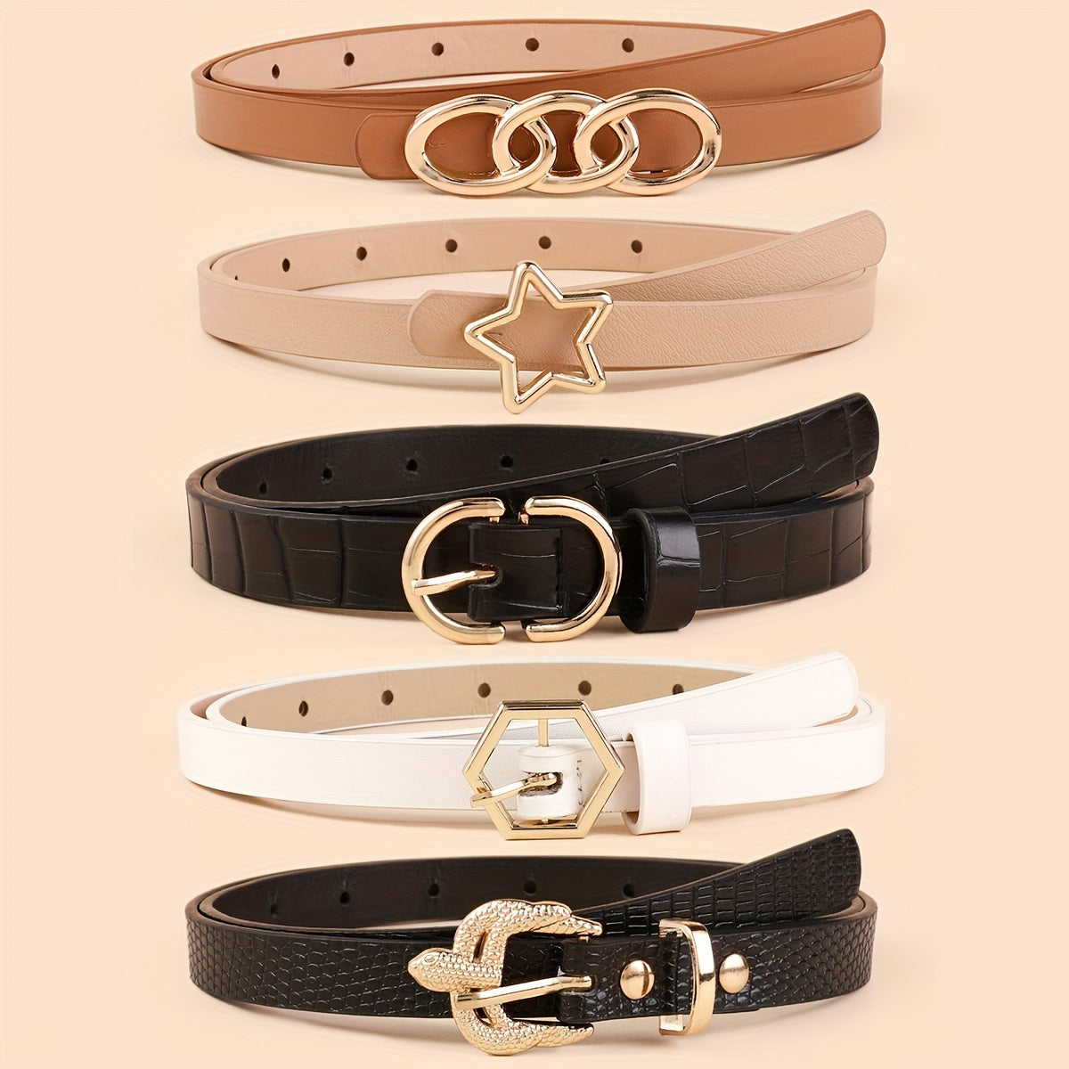 Набор из 5 женских тонких ремней из искусственной кожи в однотонных цветах для платьев и пальто