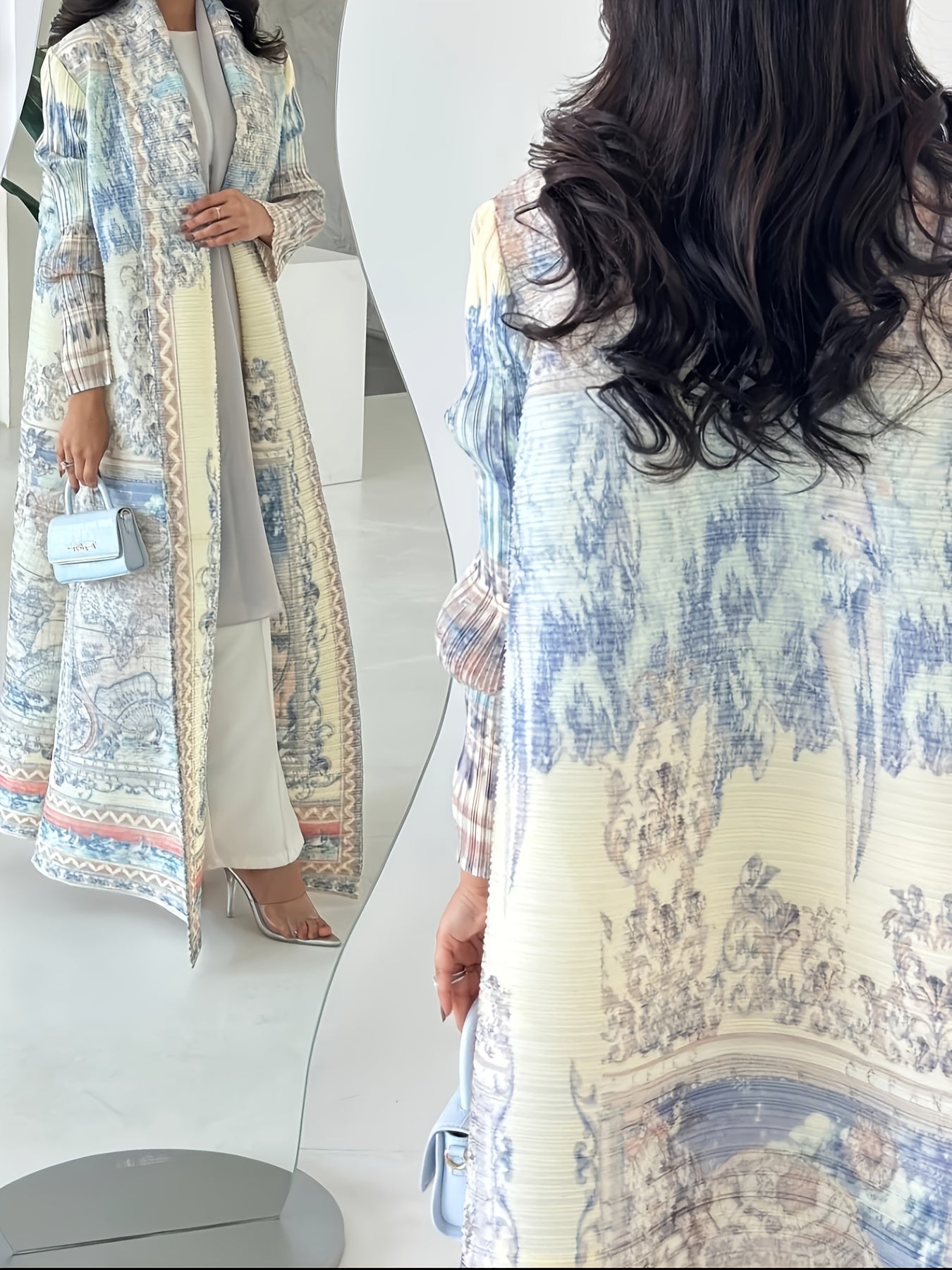 Plus Size Vintage Map Print Robe Dress Open Cardigan Long Skirt Light Luxury Elegant Outfit