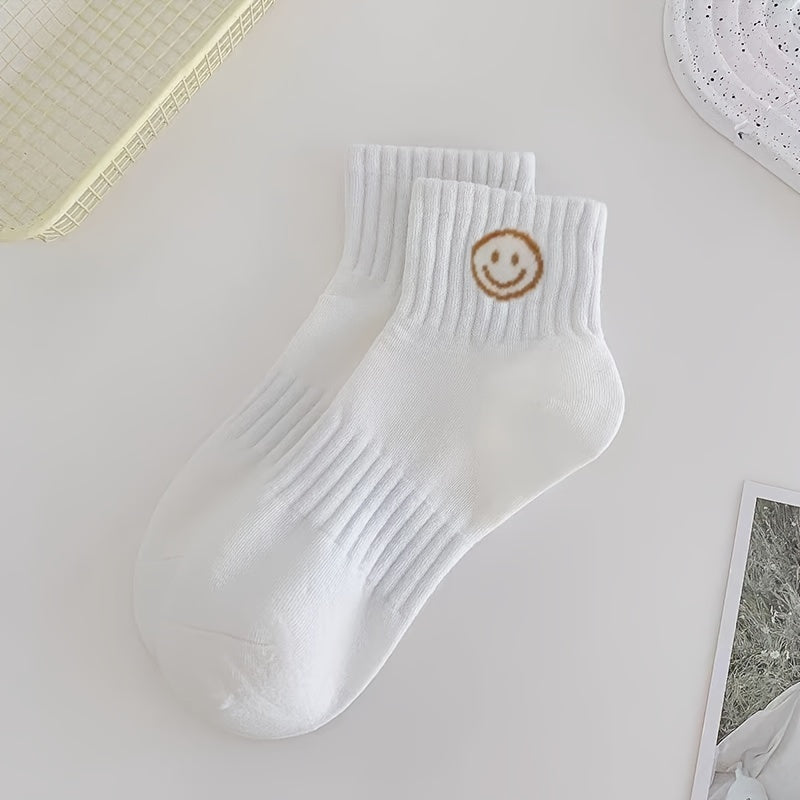 Mujeres calcetines cortos 5 pares con estampado de cara de dibujos animados, calcetería ligera de punto