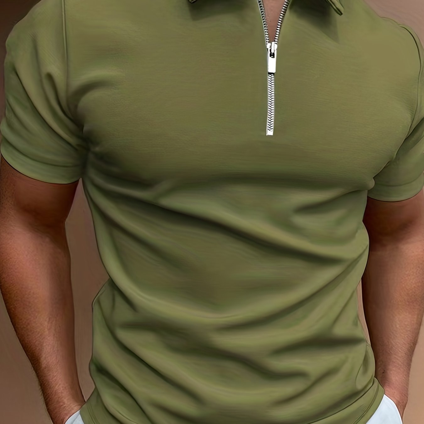 Men's White Short Sleeve Shirt with Zipper Collar Stretch Polyester Casual Golf Summer