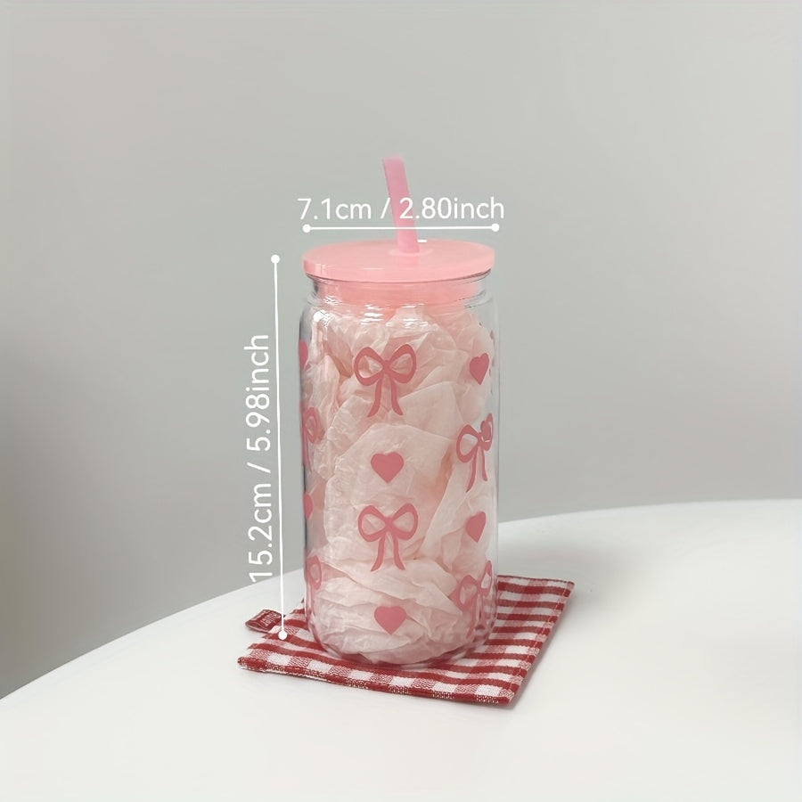 16oz Pink Bowknot Travel Mug with Straw and Lid BPA-Free Plastic