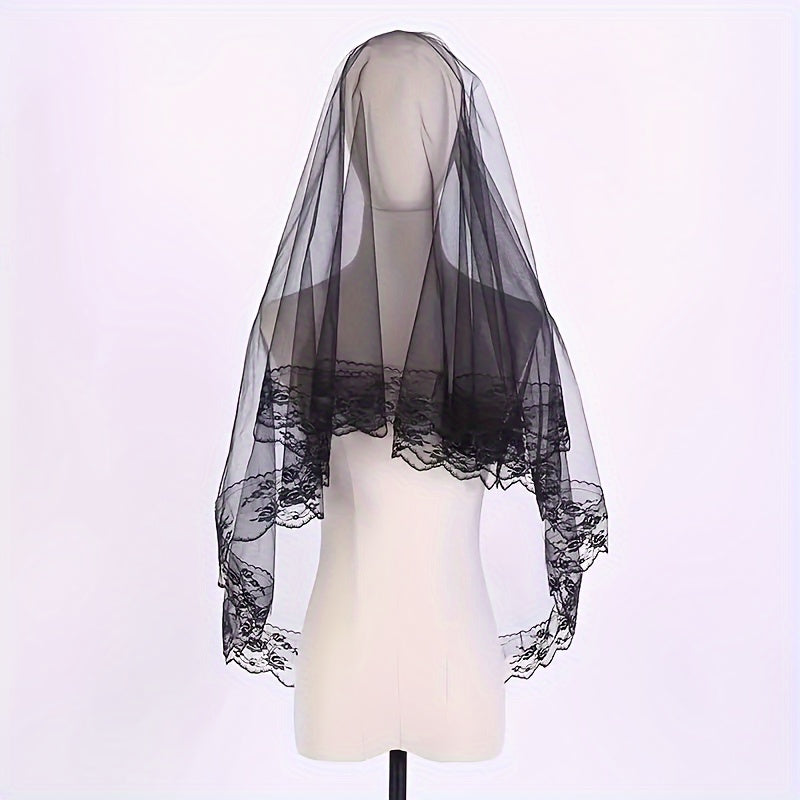 Velo de novia con peine y detalles de encaje, poliéster, accesorio para bodas y sesiones de fotos