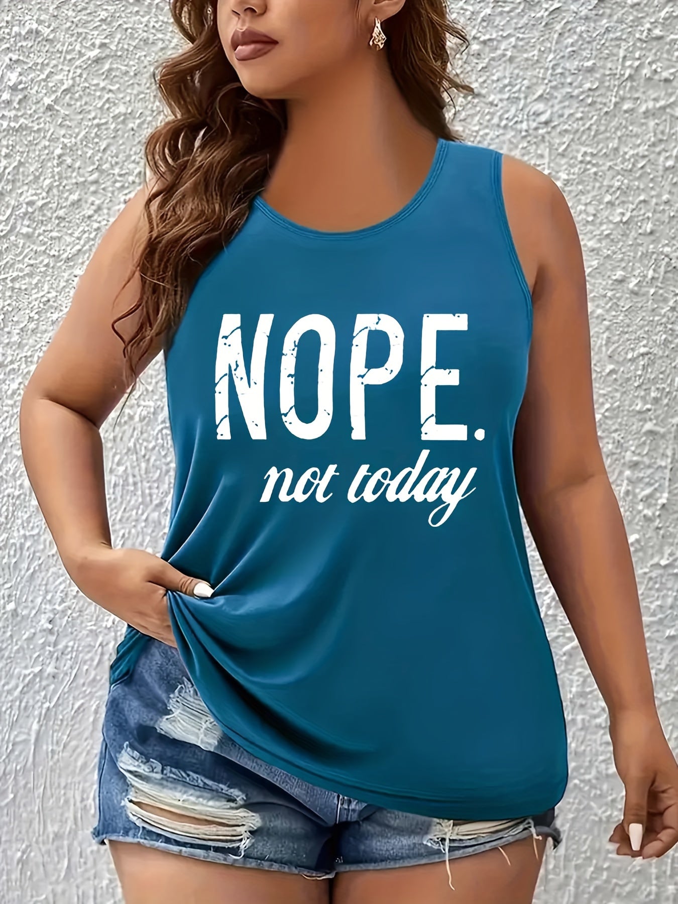Plus Size Women's Sleeveless Tank Top with Graphic Text in Blue