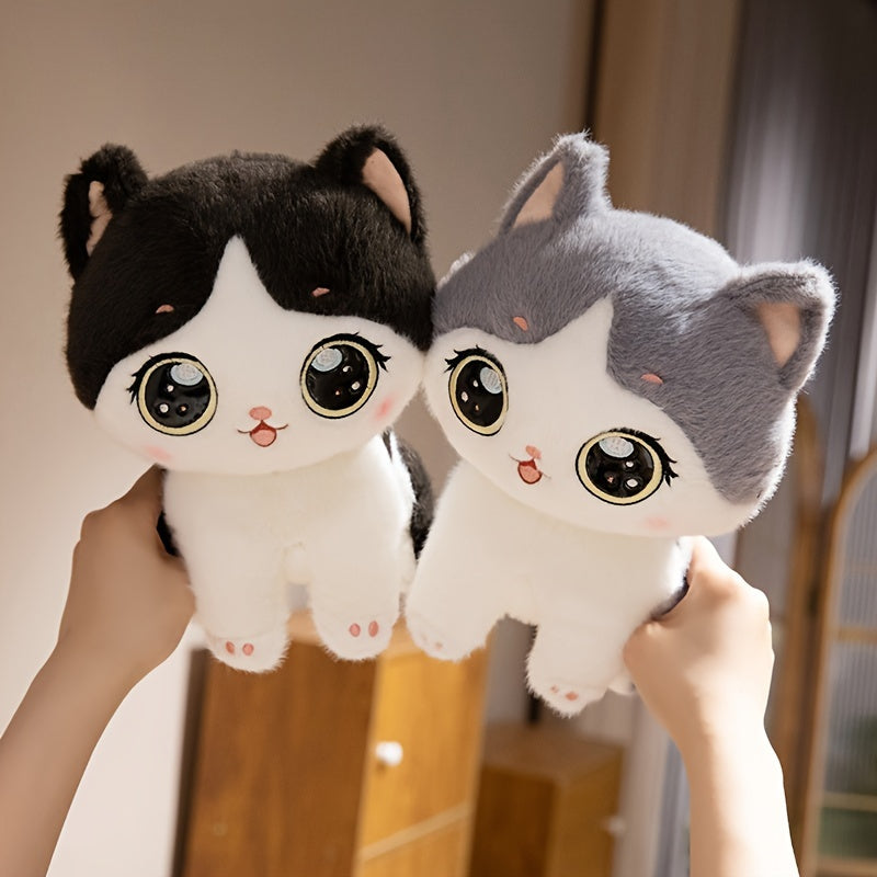 Fluffy Black and Grey Simulation Cat Plush Toy for Kids and Home Decor