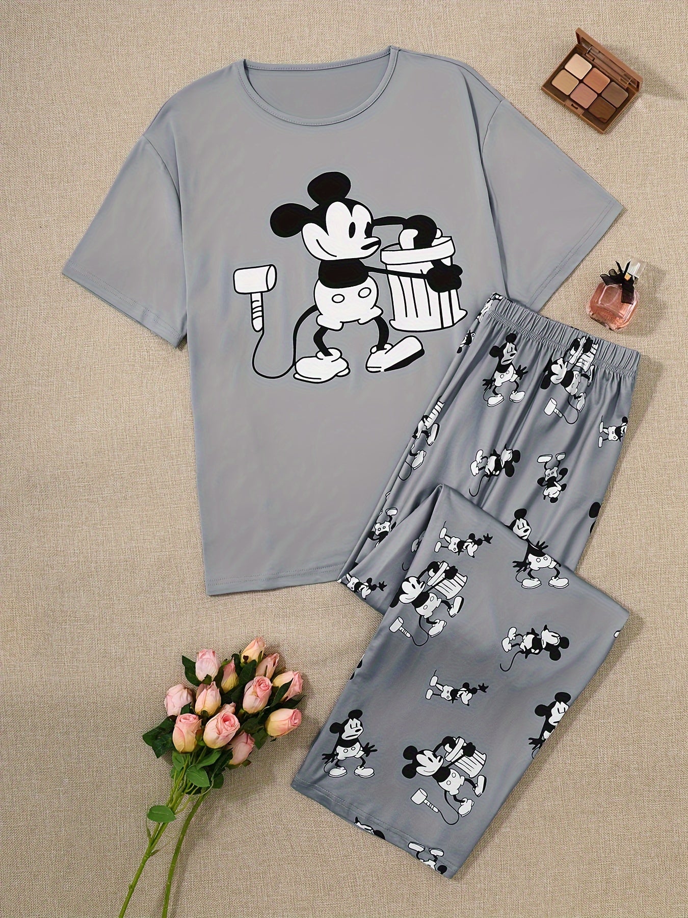 Plus Size Women's Cotton Loungewear Set with Cartoon Mouse Print Pajamas