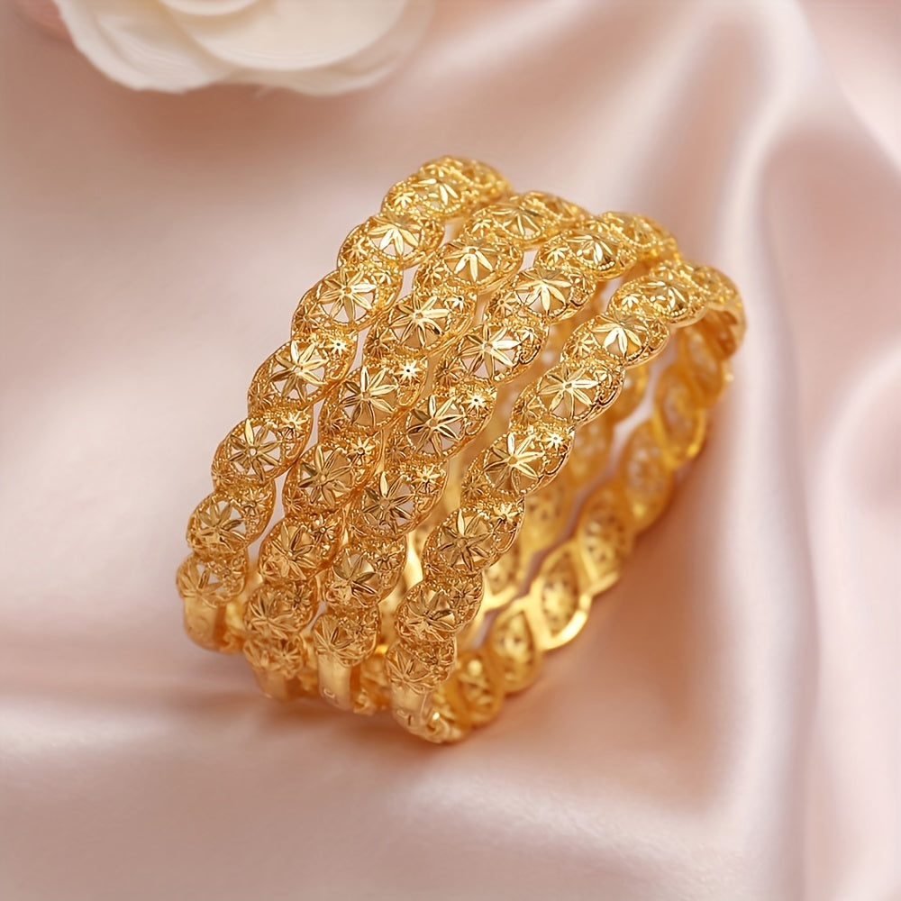 Gold Plated Hollow Cuff Bracelet with Octagonal Flower Design for Women