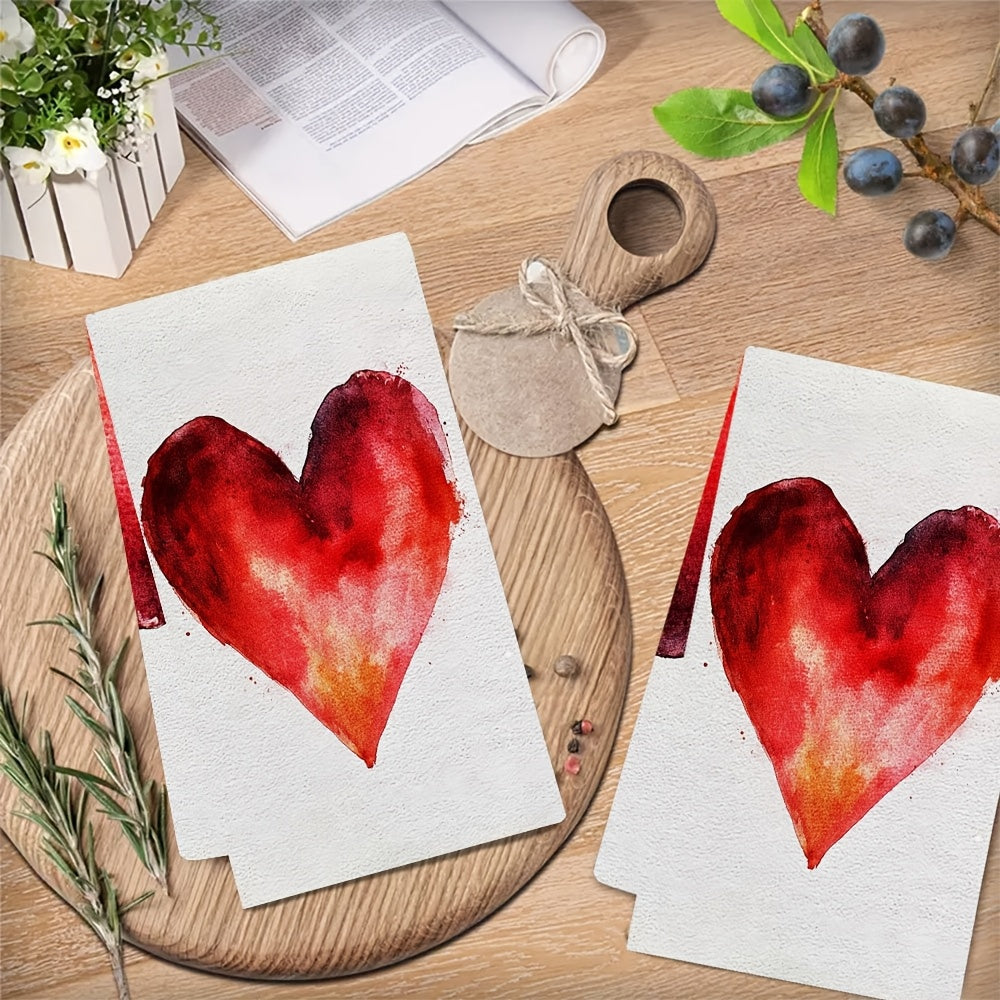 Set of 2 Soft Kitchen Towels with Heart Design, 16x24 Inches, Absorbent