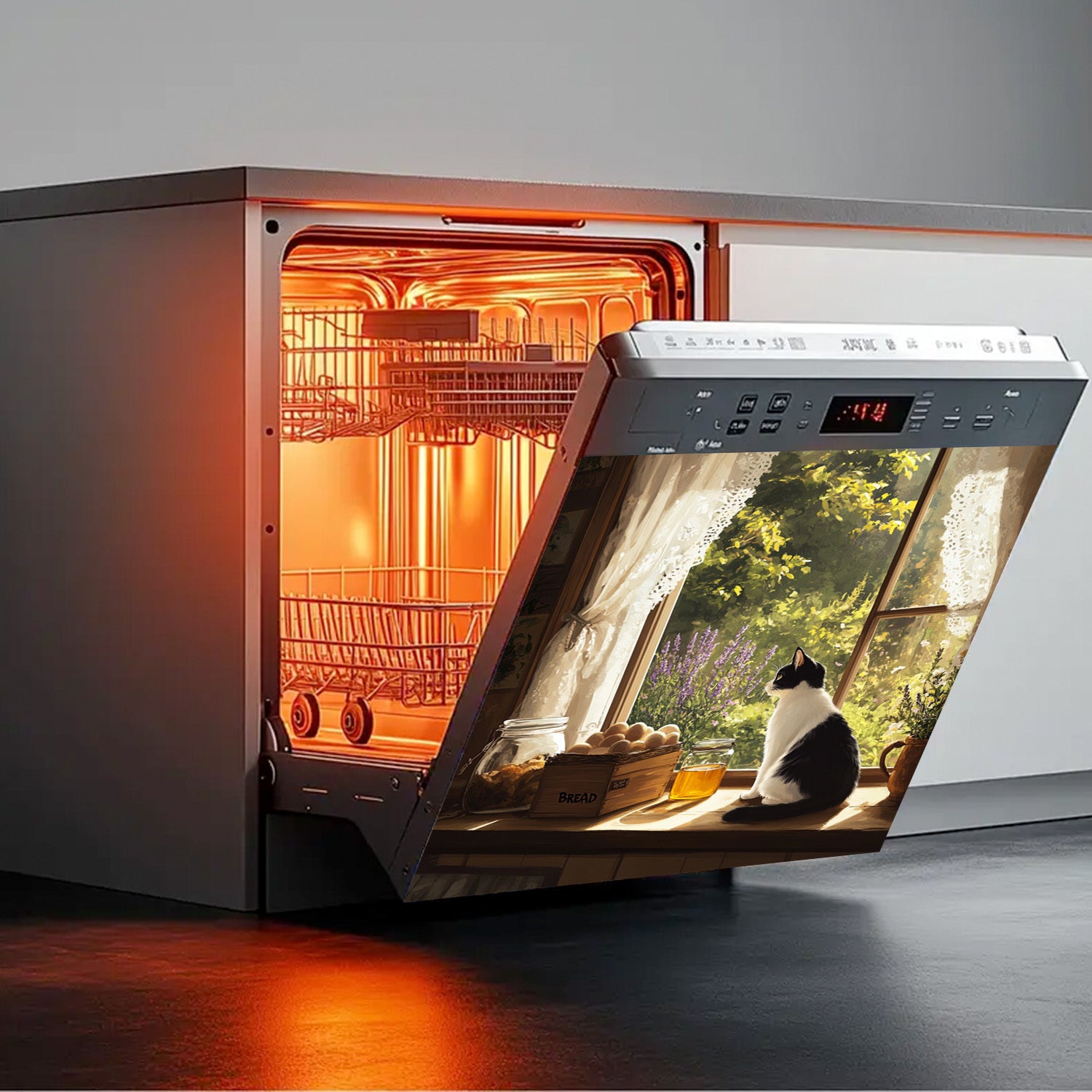 O'rmon uslubidagi idish-tovoq magnit qopqog'i, derazadagi mushuk bilan dizayn, suv o'tkazmaydigan, issiqlikka chidamli, oson qo'llaniladi, oshxona dekoratsiyasi