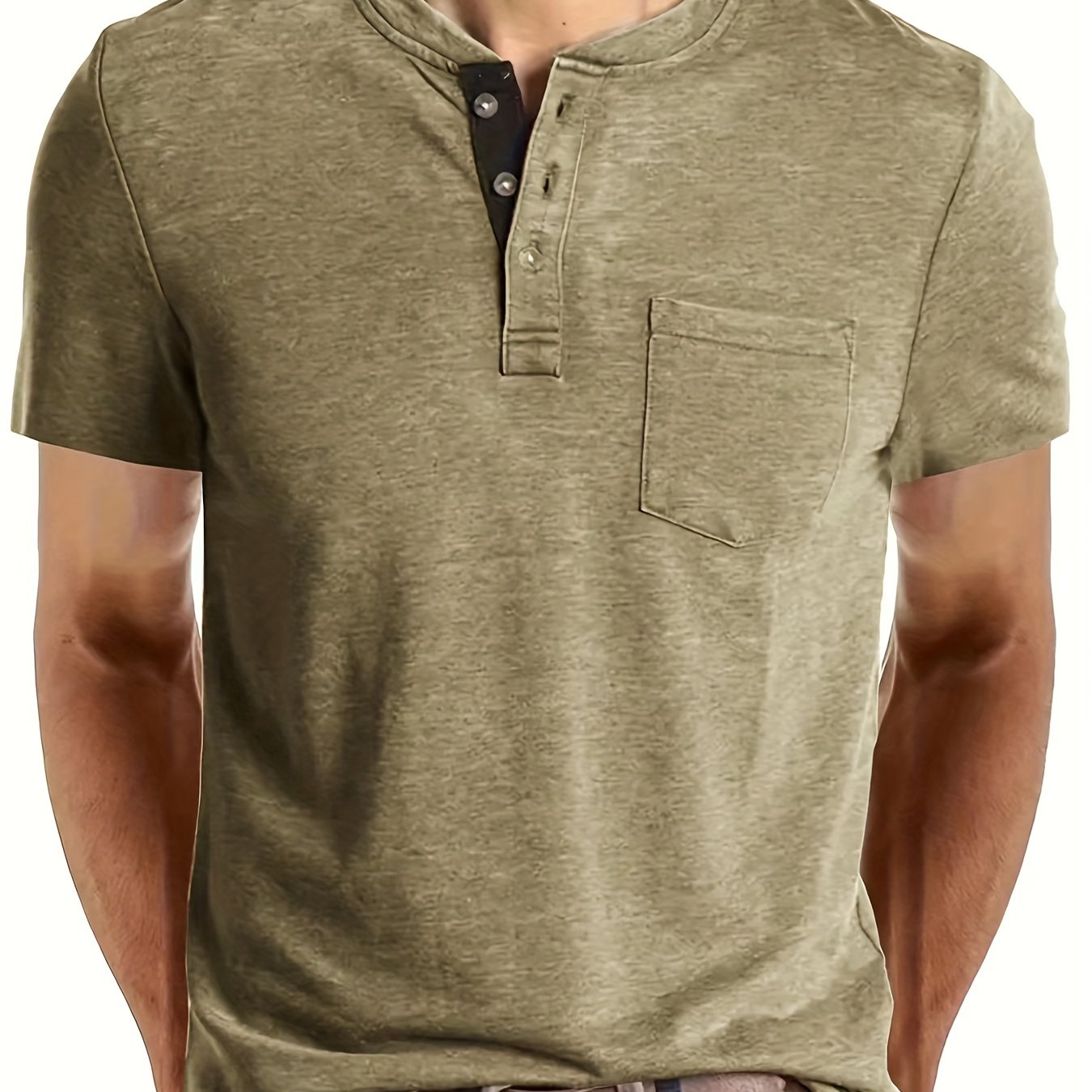 Erkaklar uchun plussiz casual Henley ko'ylagi, qattiq qora rangda, qisqa yenglar, ko'krak cho'ntagi va tugma tafsilotlari bilan, polyesterdan tayyorlangan va mashinada yuvish mumkin.