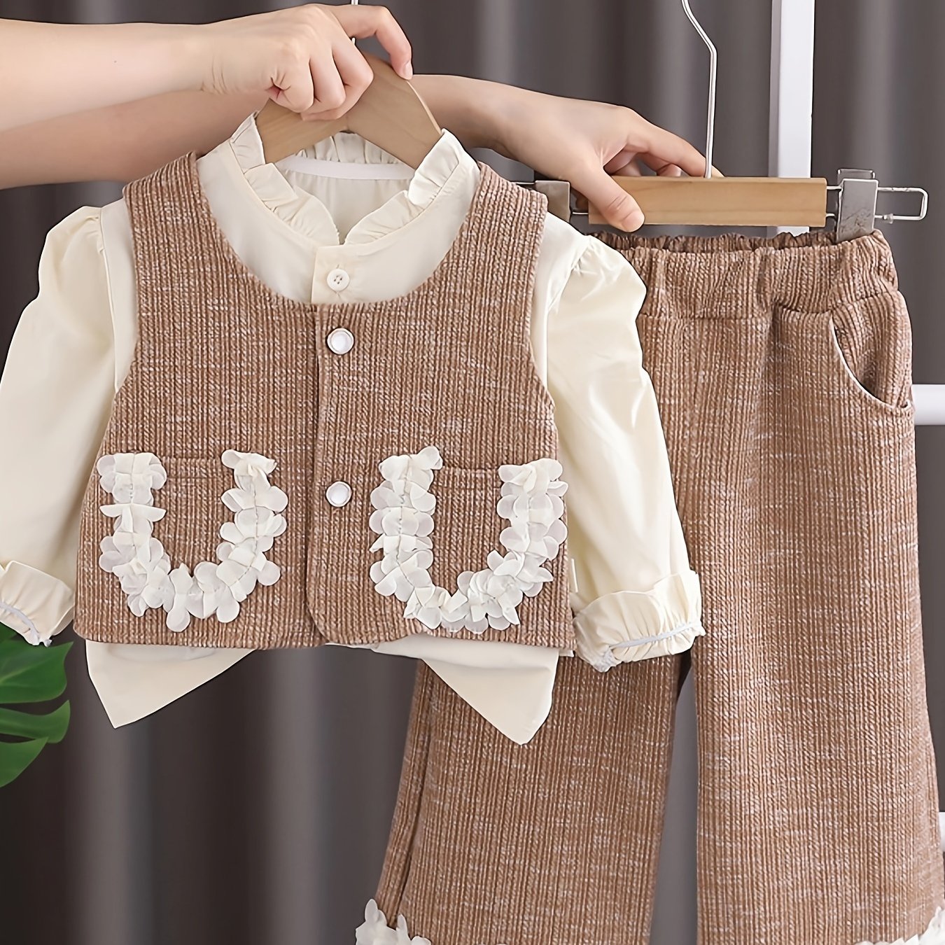Girls Autumn Outfit Set Shirt Vest with Lace Pockets Trousers Cotton Blend Spring Fall Kids
