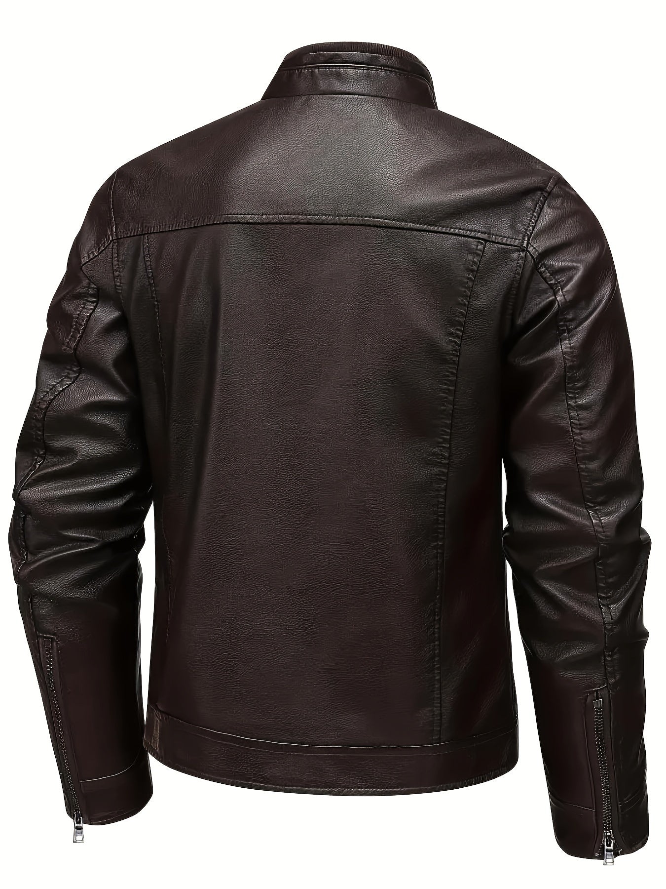Men's PU Motorcycle Coat for Spring and Autumn with Zipper Stand Collar and Pockets