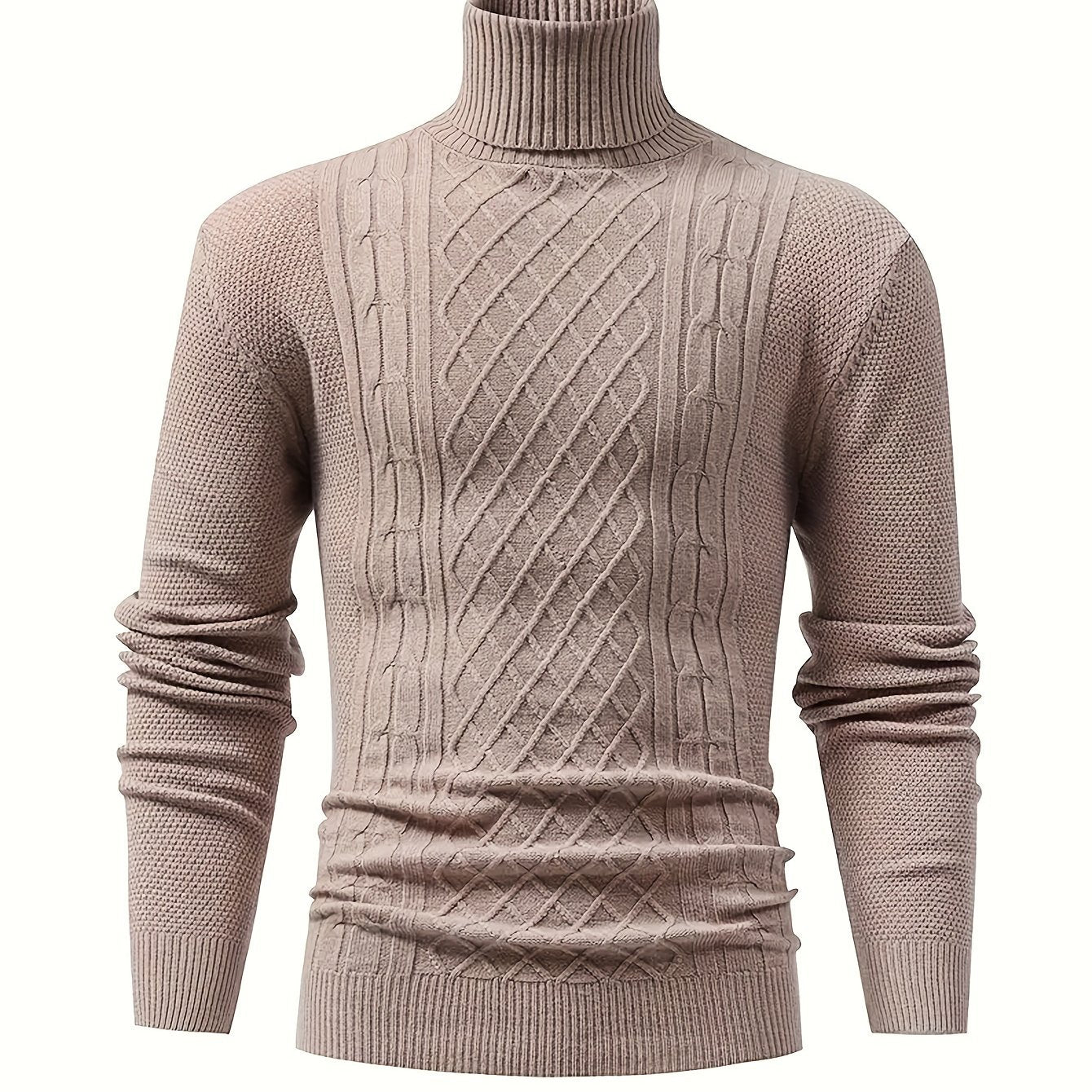 Men's Cable Knit Turtleneck Sweater Fall Winter Long Sleeve Solid Color Stretch Pullover