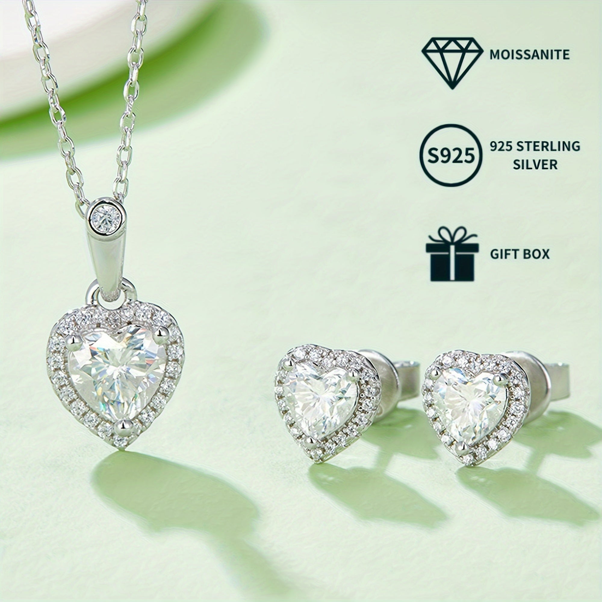 Women's Jewelry Set with Heart-Shaped Silver Earrings and Moissanite Necklace