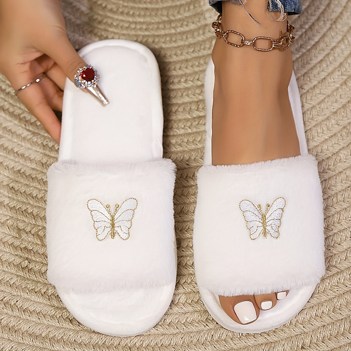 Women's Plush Butterfly Embroidery Slippers Open-Toe Non-Slip EVA Sole
