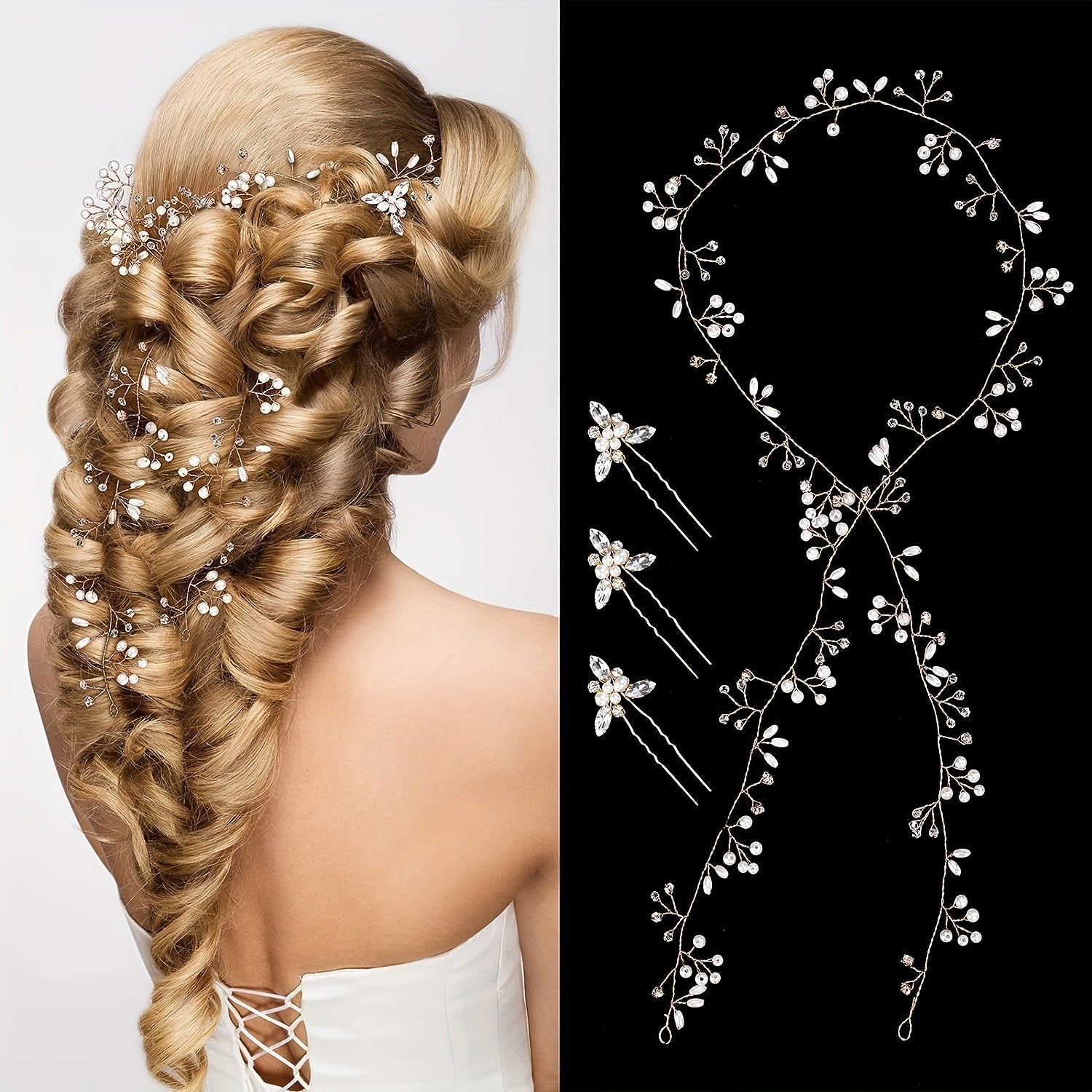 Conjunto de accesorios para el cabello de novia con perlas largas y cristales, que incluye 3 pinzas de pelo con cristales