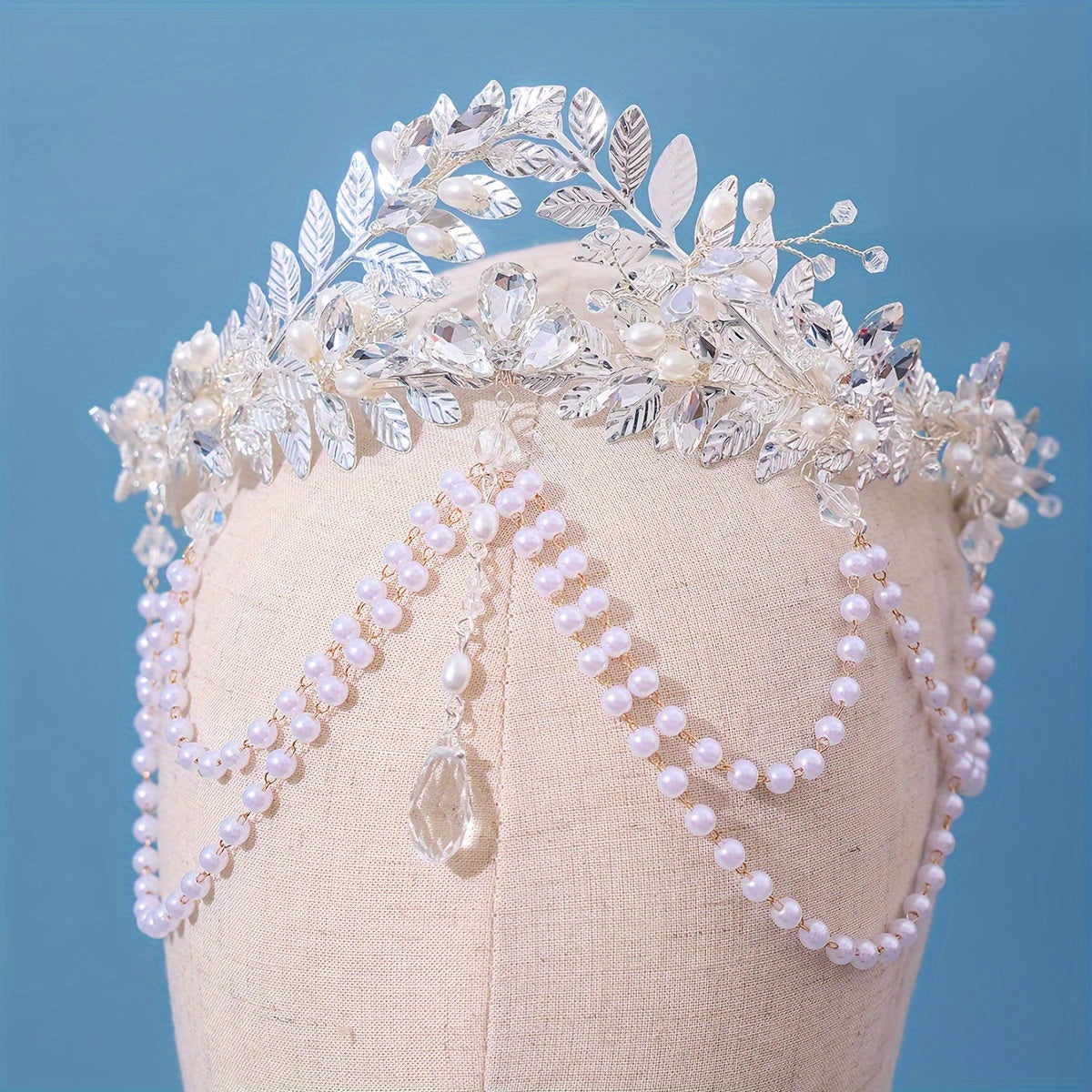 Handmade Rhinestone Crown with Beads and Faux Pearl Pendant for Wedding Hair Accessories