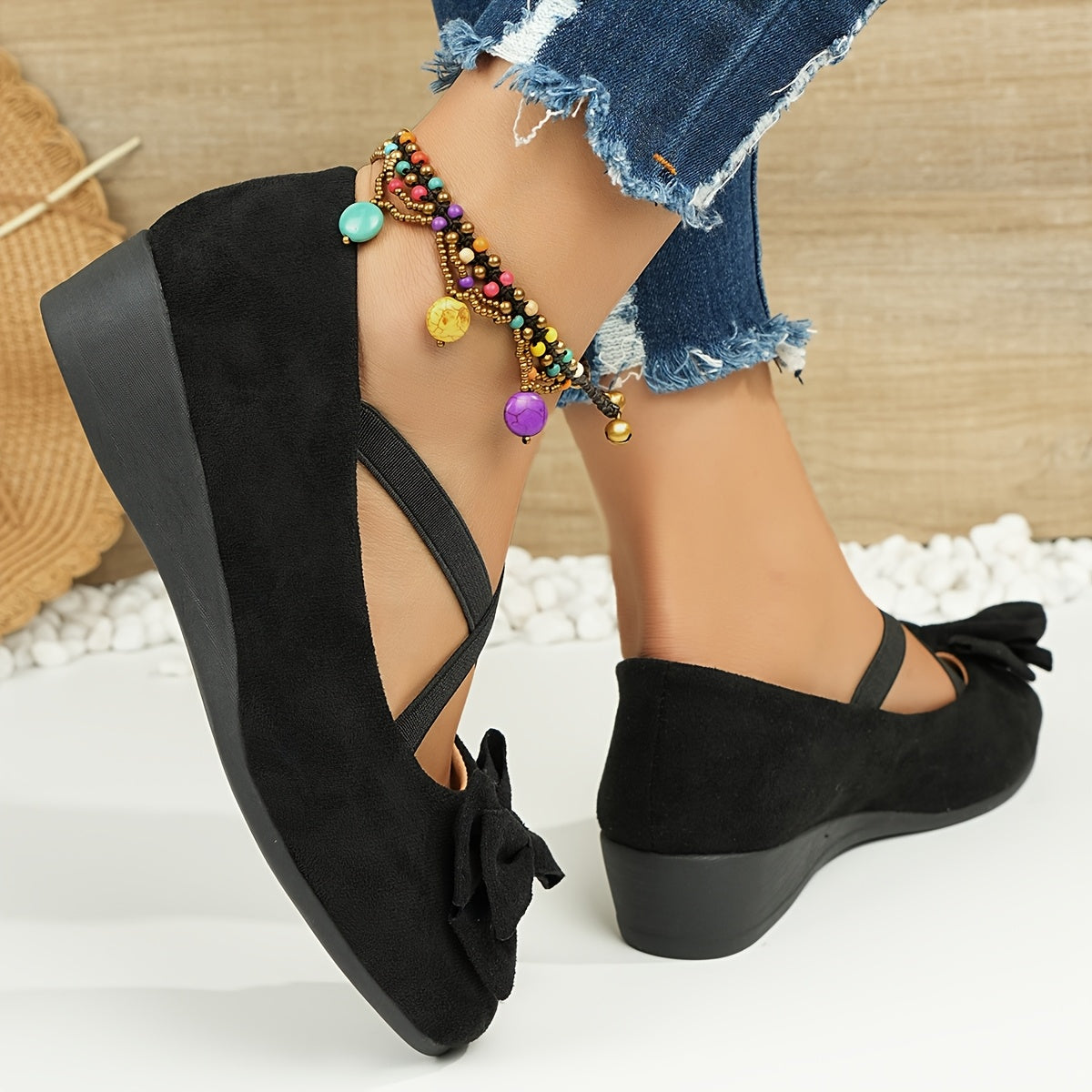 Women's Gray Mary Jane Flats with Bow - Lightweight Slip-On Comfort Shoes