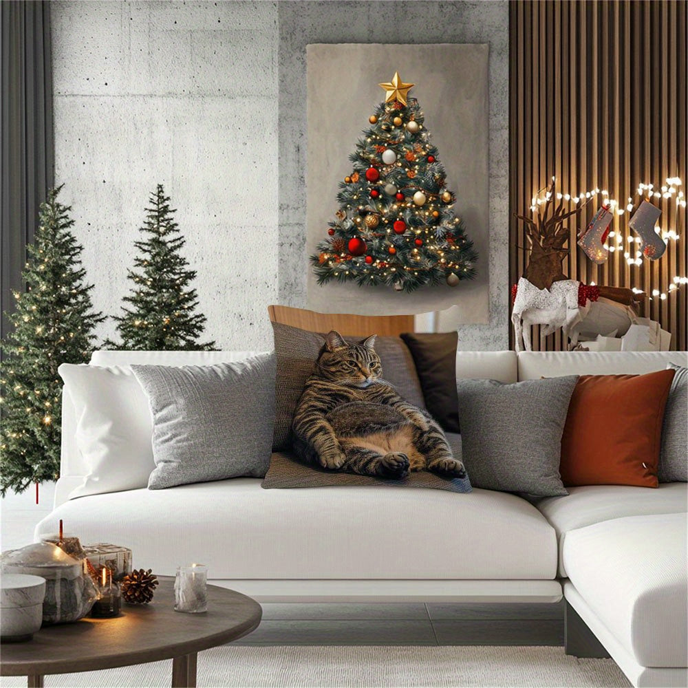 Double-Sided Cozy Fat Cat Throw Pillow Cover Soft Polyester Winter Decor Farmhouse Style for Couch and Car