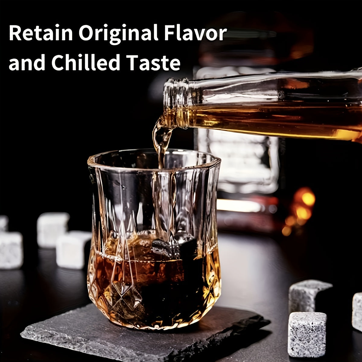 Engraved Whiskey Glasses Gift Set with Reusable Granite Ice Cubes and Wooden Storage