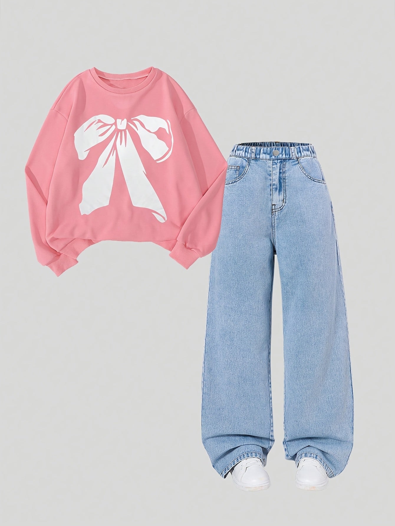 Girls Kids Hoodie and Jeans Set with Butterfly Pattern and Embroidered Bow