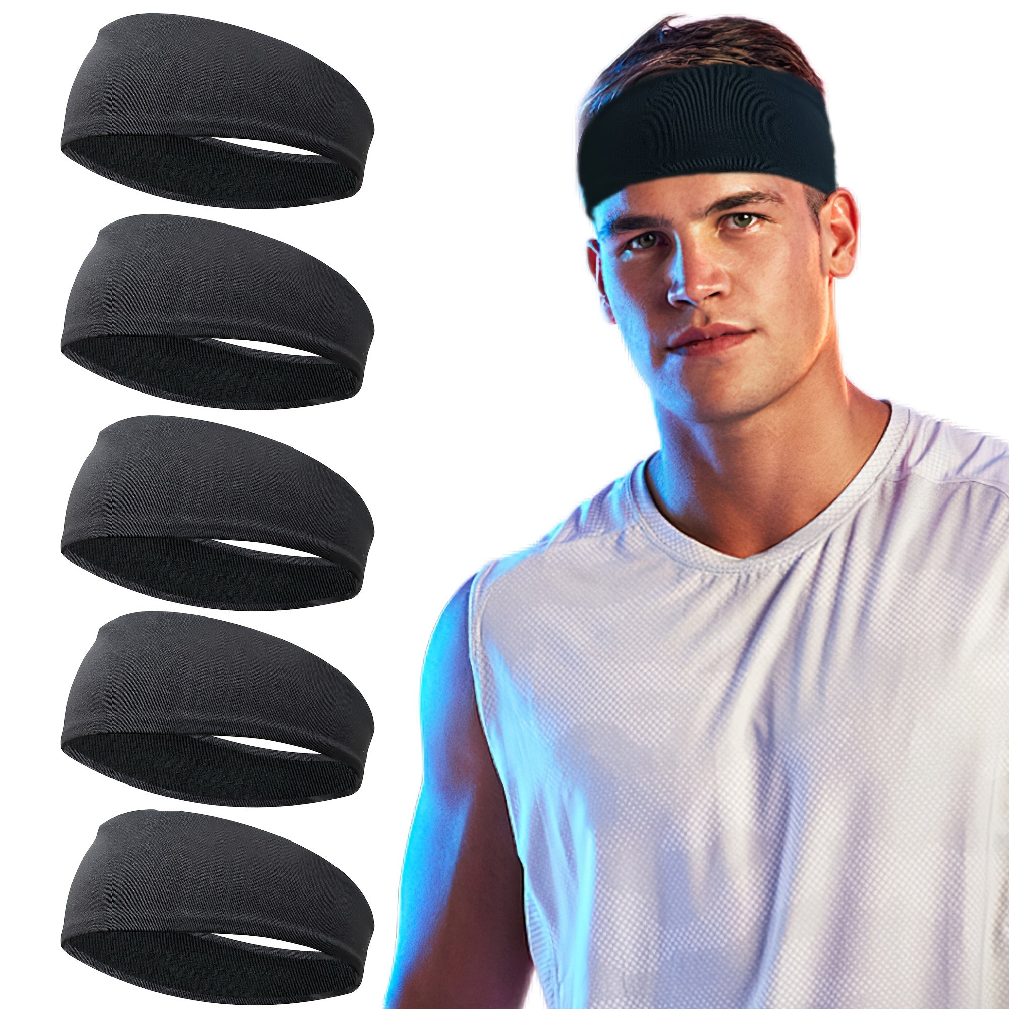 Men's Breathable Mesh Sports Headbands for Running Yoga Fitness Workout Pack of 5