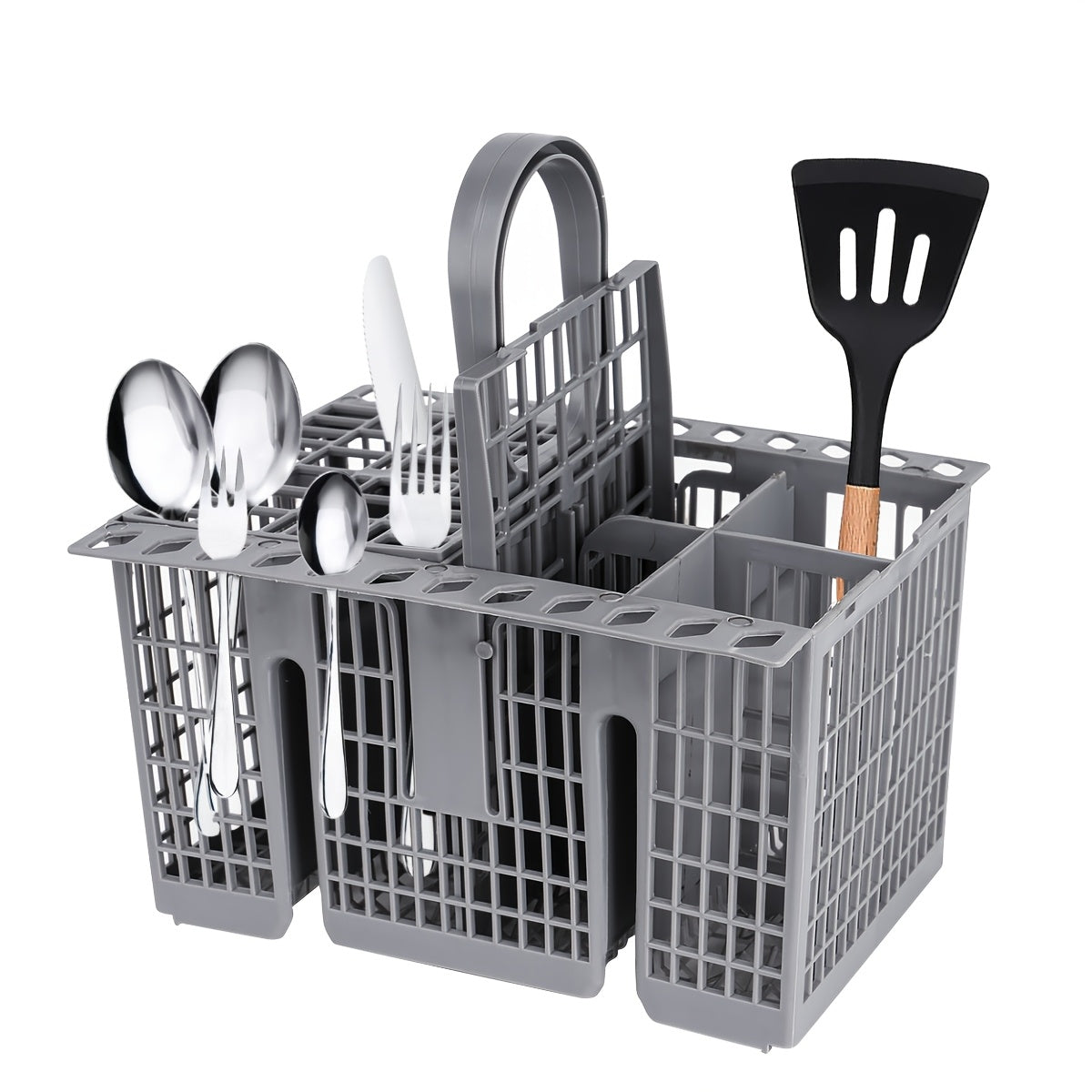 Gray Plastic Dishwasher Basket with Detachable Handle for Cutlery and Utensils